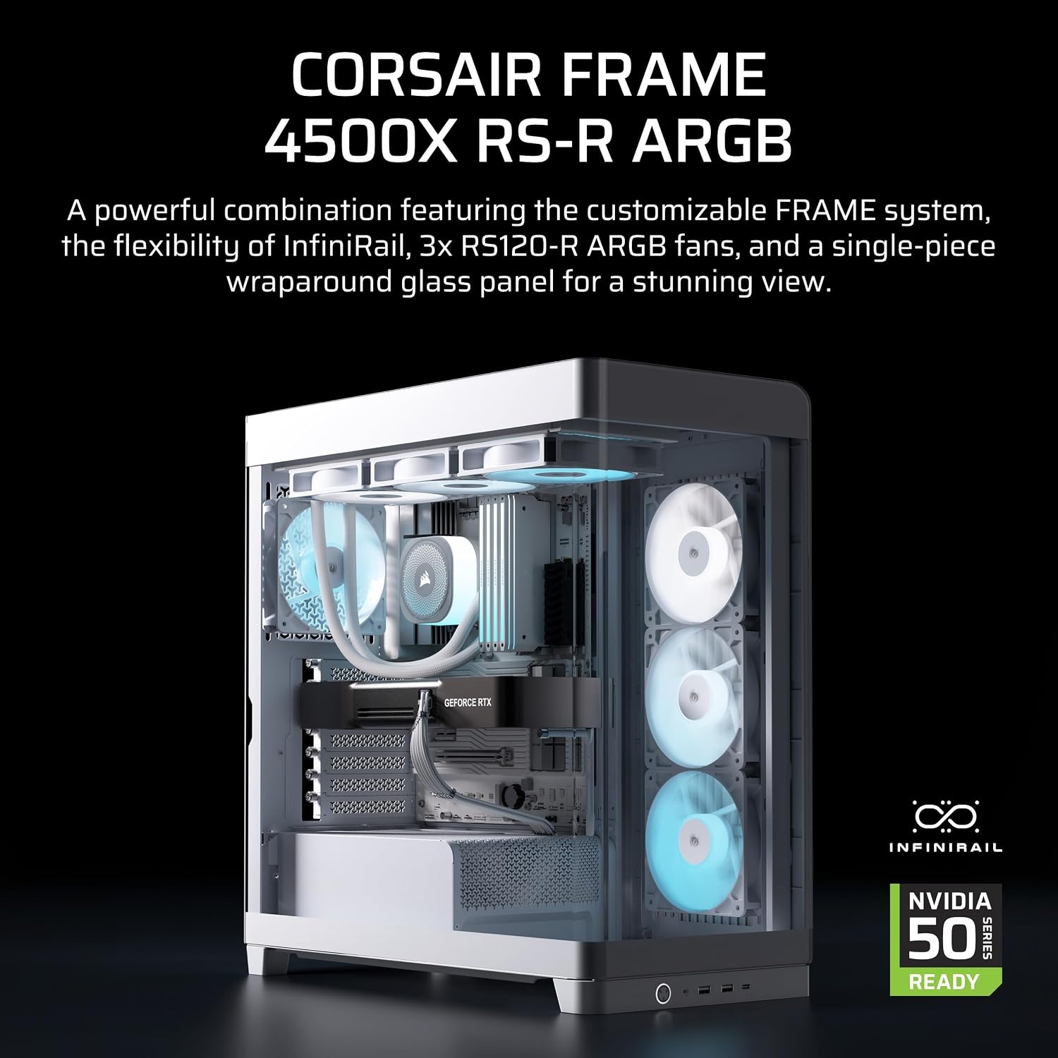 image:imageCORSAIR Frame 4500X RSR ARGB Bundle Includes 3X RS120R ARGB Fans 1x RS120 ARGB Fan 1x Nautilus RS 360 ARGB CPU Cooler White