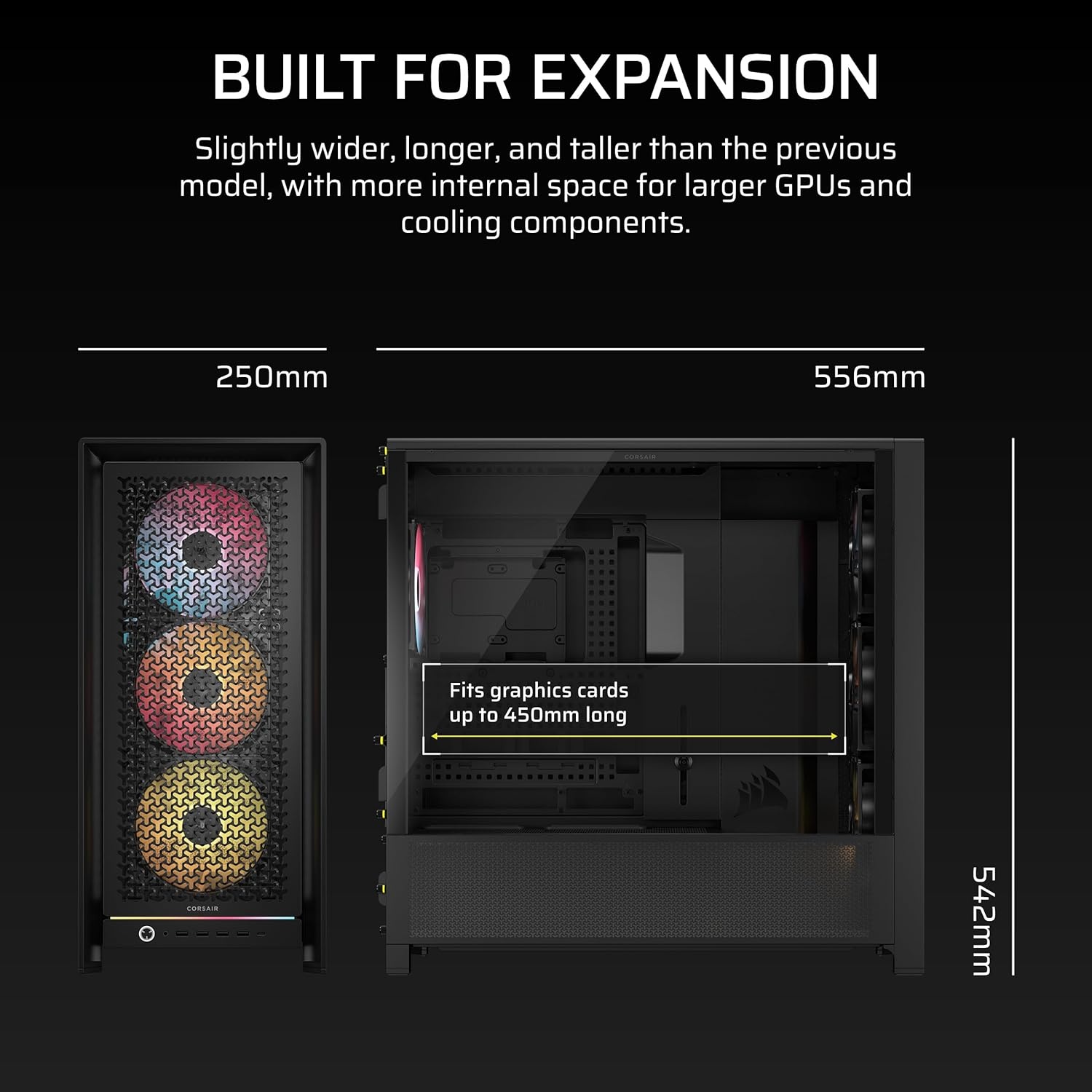 image:imageCORSAIR Frame 5000D RS ARGB Modular High Airflow MidTower PC Case 4X PreInstalled RS ARGB Fans InfiniRail Fan Mounting System ASUS BTF MSI Project Zero Gigabyte Project Stealth Black