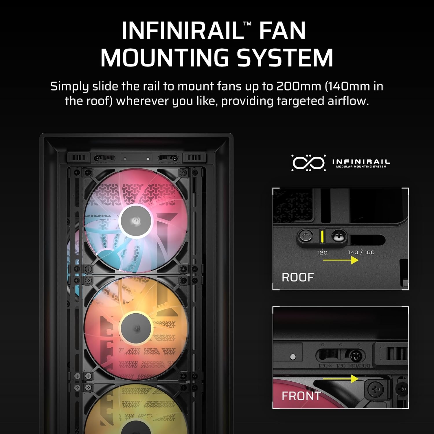 image:imageCORSAIR Frame 5000D RS ARGB Modular High Airflow MidTower PC Case 4X PreInstalled RS ARGB Fans InfiniRail Fan Mounting System ASUS BTF MSI Project Zero Gigabyte Project Stealth Black