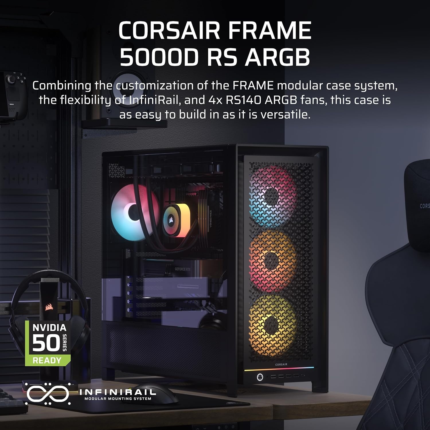 image:imageCORSAIR Frame 5000D RS ARGB Modular High Airflow MidTower PC Case 4X PreInstalled RS ARGB Fans InfiniRail Fan Mounting System ASUS BTF MSI Project Zero Gigabyte Project Stealth Black