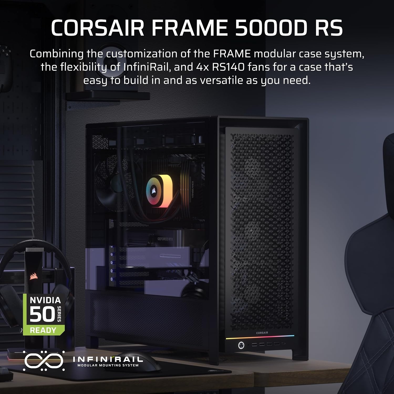 image:imageCORSAIR Frame 5000D RS Modular High Airflow MidTower PC Case 4X PreInstalled RS Fans InfiniRail Fan Mounting System GPU AntiSag ASUS BTF MSI Project Zero Gigabyte Project Stealth Black