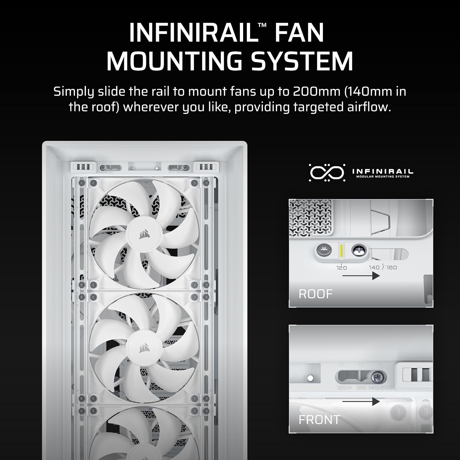 image:imageCORSAIR Frame 5000D RS Modular High Airflow MidTower PC Case 4X PreInstalled RS Fans InfiniRail Fan Mounting System GPU AntiSag ASUS BTF MSI Project Zero Gigabyte Project Stealth White