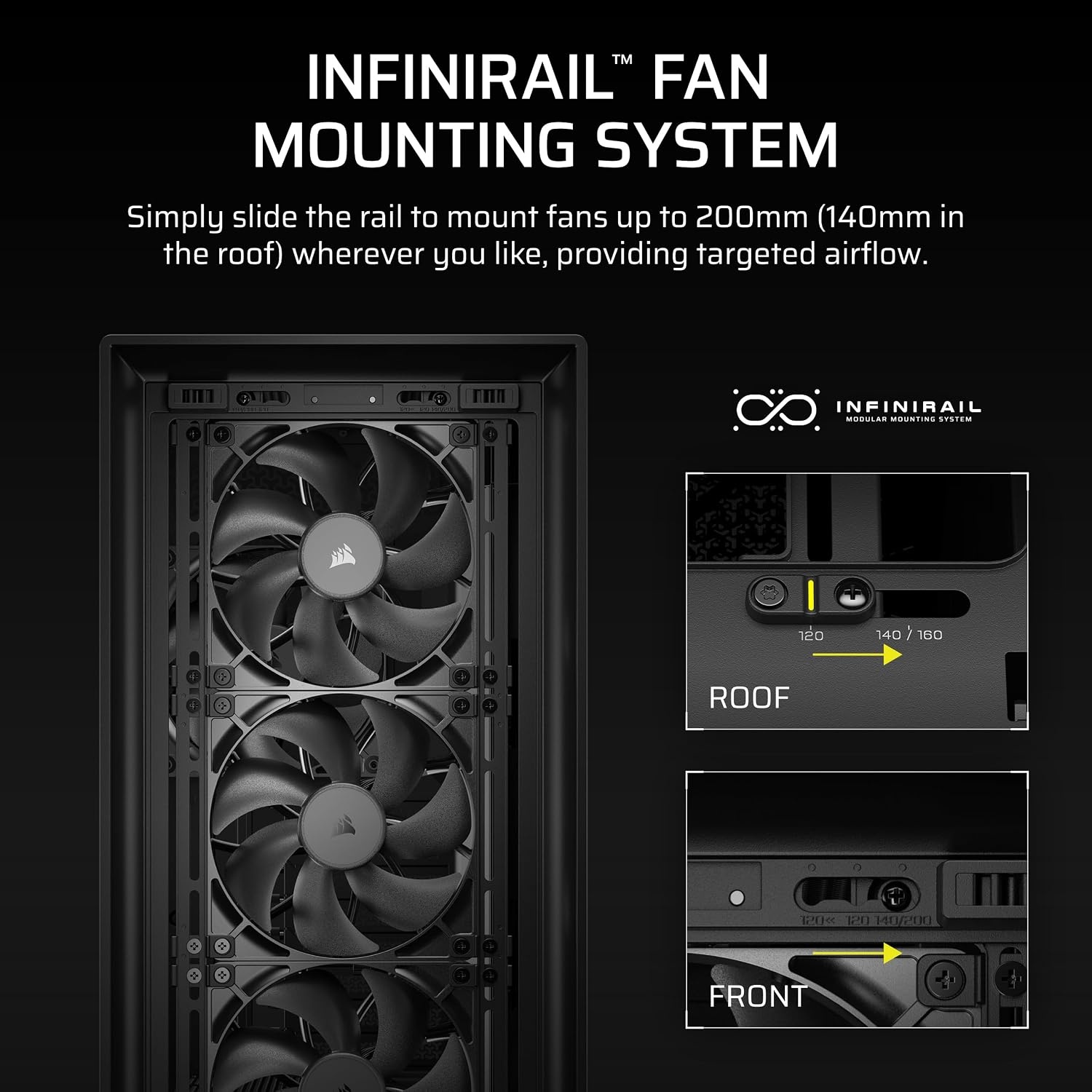 image:imageCORSAIR Frame 5000D RS Modular High Airflow MidTower PC Case 4X PreInstalled RS Fans InfiniRail Fan Mounting System GPU AntiSag ASUS BTF MSI Project Zero Gigabyte Project Stealth Black