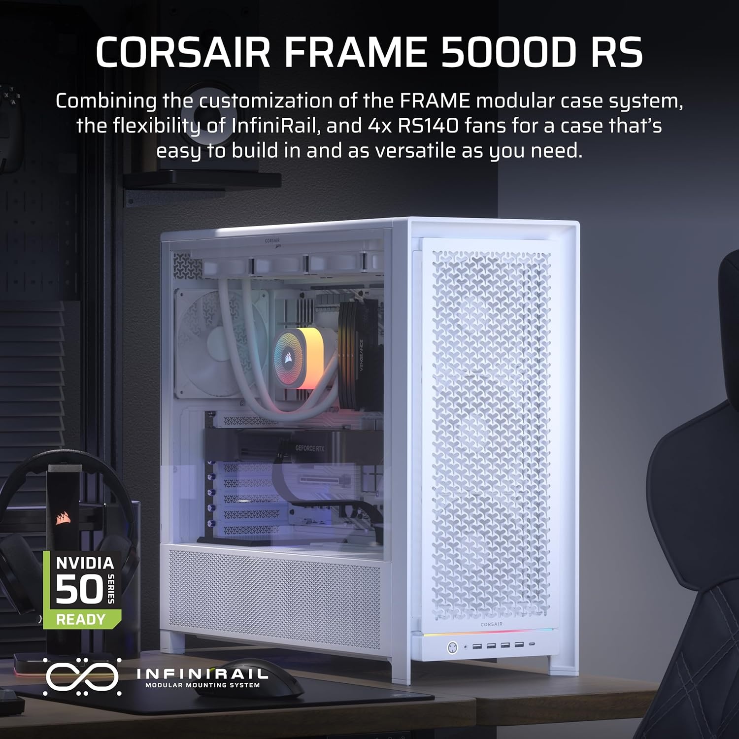 image:imageCORSAIR Frame 5000D RS Modular High Airflow MidTower PC Case 4X PreInstalled RS Fans InfiniRail Fan Mounting System GPU AntiSag ASUS BTF MSI Project Zero Gigabyte Project Stealth White