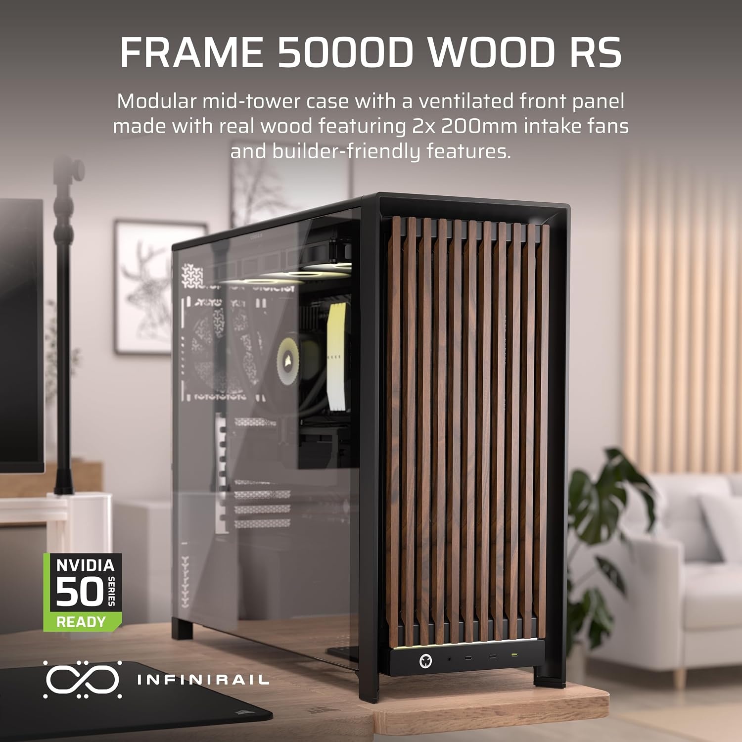 image:imageCORSAIR Frame 5000D Wood RS MidTower ATX PC Case Solid Wood Airflow Panel 3X PreInstalled Fans Modular Customization Spacious Interior GPU AntiSag BlackWalnutBlackWalnut