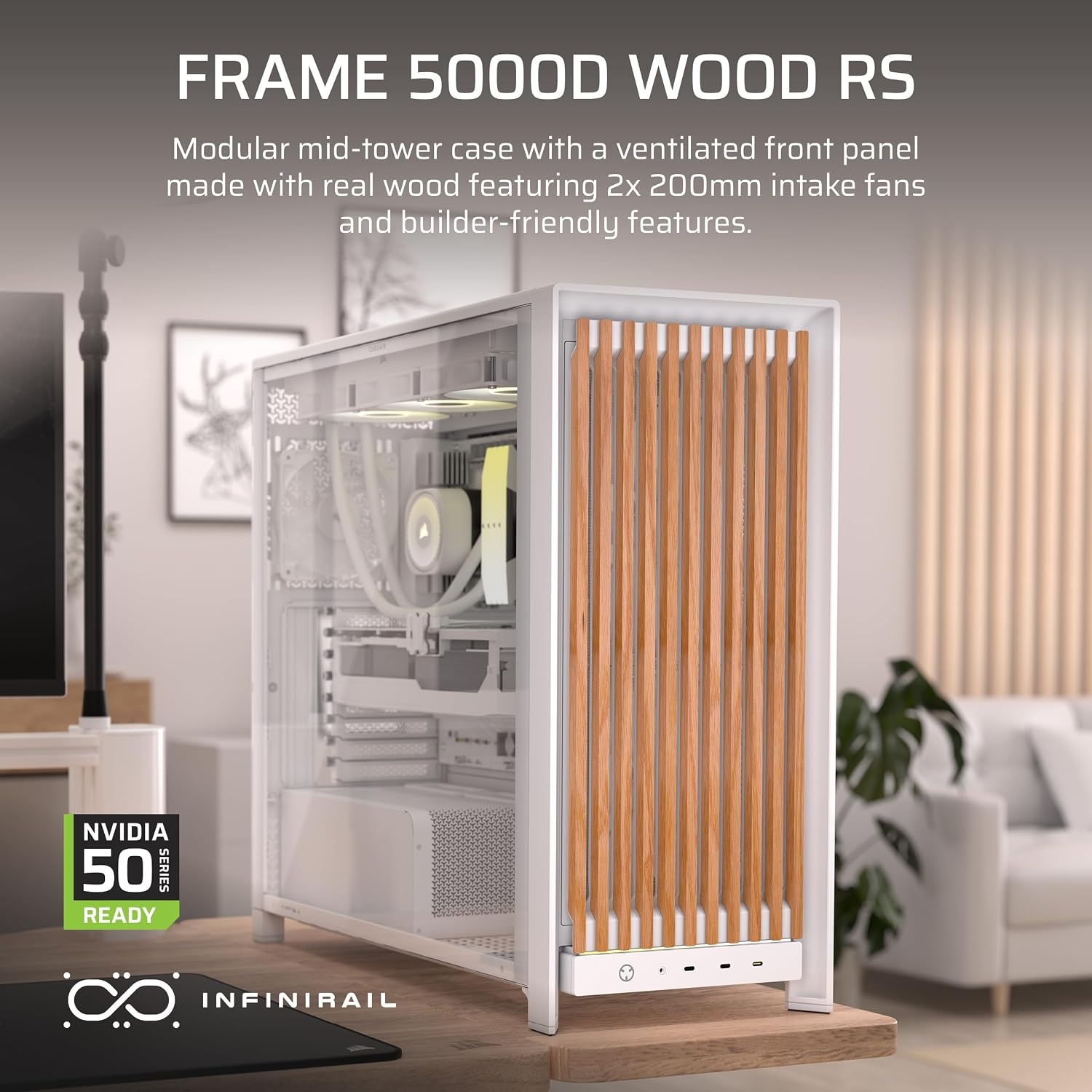 image:imageCORSAIR Frame 5000D Wood RS MidTower ATX PC Case Solid Wood Airflow Panel 3X PreInstalled Fans Modular Customization Spacious Interior GPU AntiSag BlackWalnutWhiteOak