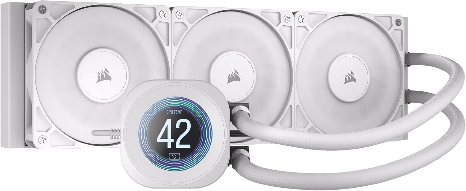 image:imageCORSAIR Nautilus 360 RS LCD Liquid CPU Cooler 21 IPS LCD Screen 360mm AIO LowNoise DaisyChain Intel LGA 18511700 AMD AM5AM4 3X RS120 Fans Included WhiteWhite