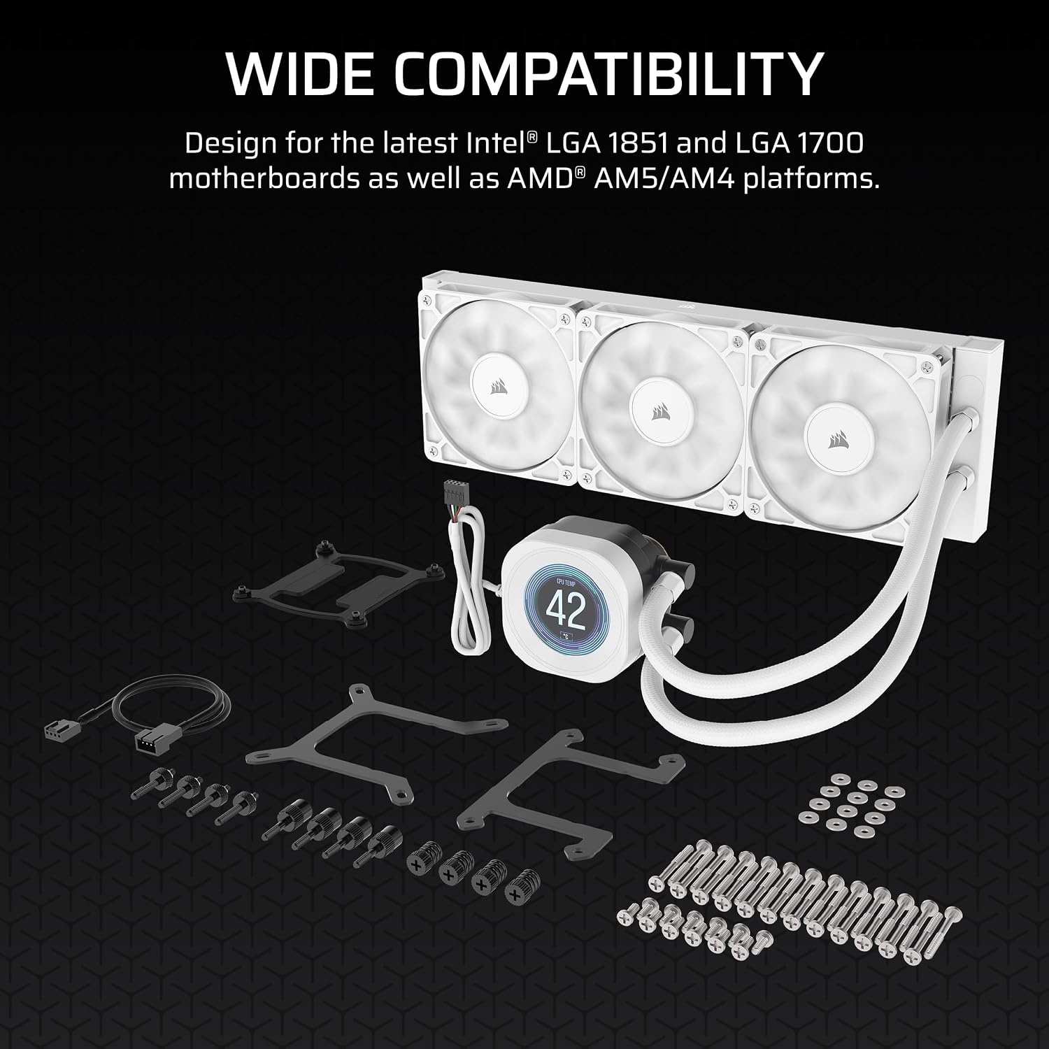 image:imageCORSAIR Nautilus 360 RS LCD Liquid CPU Cooler 21 IPS LCD Screen 360mm AIO LowNoise DaisyChain Intel LGA 18511700 AMD AM5AM4 3X RS120 Fans Included WhiteWhite
