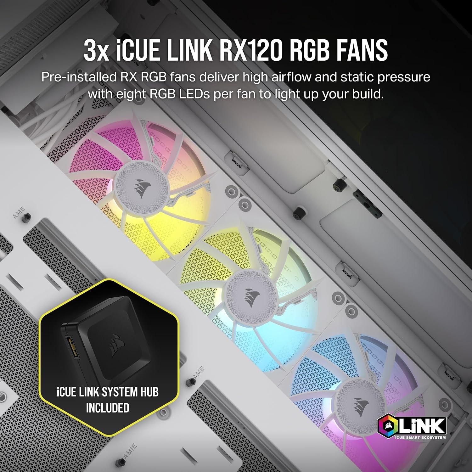 image:imageCORSAIR iCUE Link 2500X RGB Tempered Glass mATX MidTower Dual Chamber PC Case 2X CORSAIR RX120 RGB Fans Included Wide Cooling Flexibility Reverse Connection Motherboard Compatible WhiteWhite