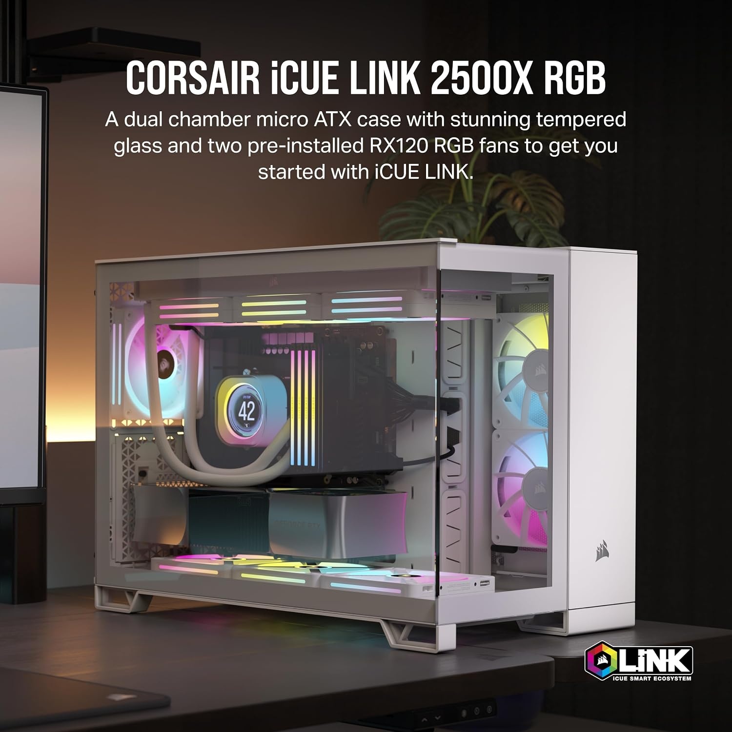 image:imageCORSAIR iCUE Link 2500X RGB Tempered Glass mATX MidTower Dual Chamber PC Case 2X CORSAIR RX120 RGB Fans Included Wide Cooling Flexibility Reverse Connection Motherboard Compatible WhiteWhite