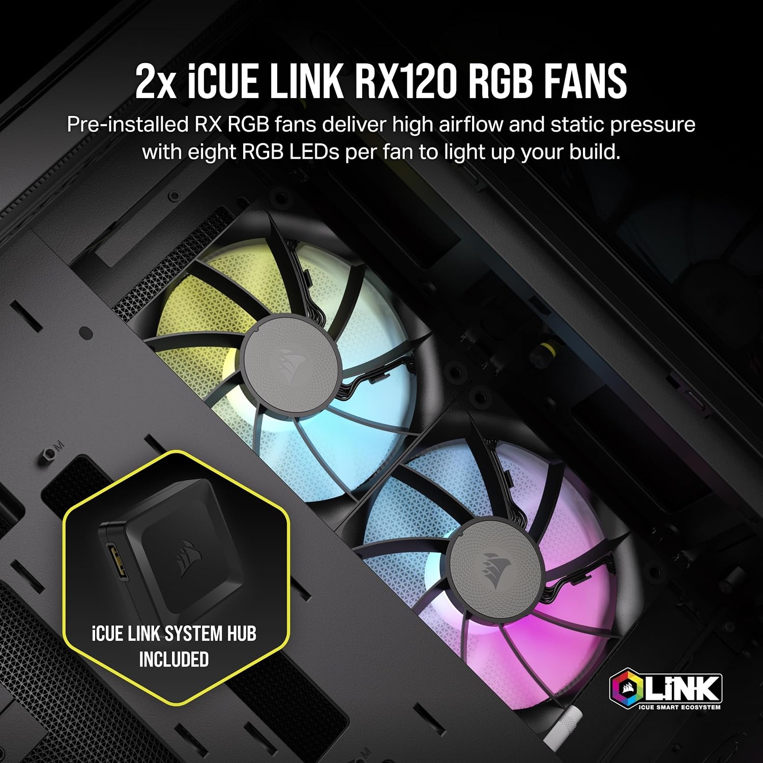 image:imageCORSAIR iCUE Link 2500X RGB Tempered Glass mATX MidTower Dual Chamber PC Case 2X CORSAIR RX120 RGB Fans Included Wide Cooling Flexibility Reverse Connection Motherboard Compatible WhiteBlack