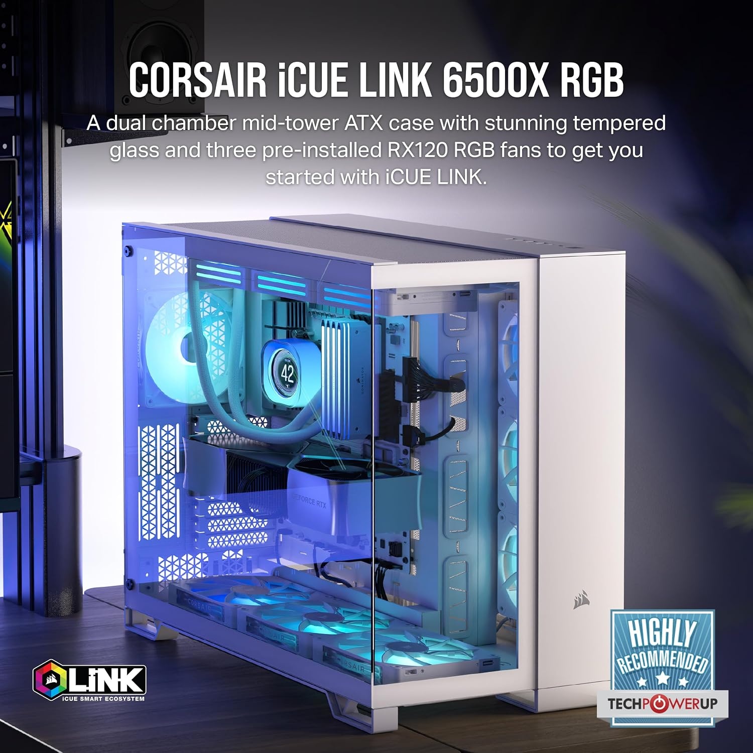 image:imageCORSAIR iCUE Link 2500X RGB Tempered Glass mATX MidTower Dual Chamber PC Case 2X CORSAIR RX120 RGB Fans Included Wide Cooling Flexibility Reverse Connection Motherboard Compatible WhiteWhite