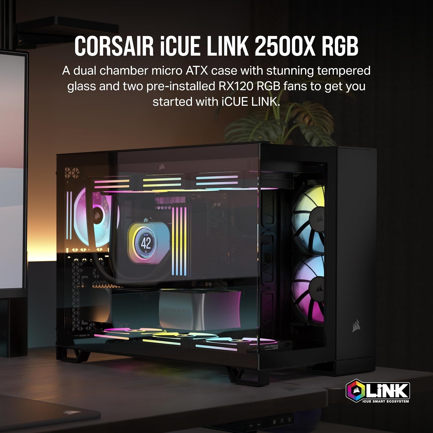 image:imageCORSAIR iCUE Link 2500X RGB Tempered Glass mATX MidTower Dual Chamber PC Case 2X CORSAIR RX120 RGB Fans Included Wide Cooling Flexibility Reverse Connection Motherboard Compatible WhiteBlack