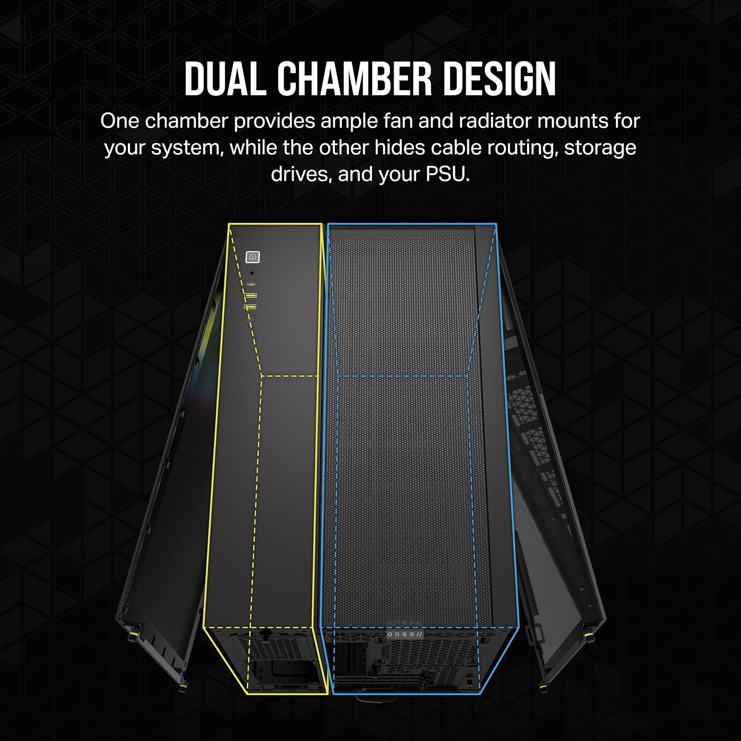 image:imageCORSAIR iCUE Link 2500X RGB Tempered Glass mATX MidTower Dual Chamber PC Case 2X CORSAIR RX120 RGB Fans Included Wide Cooling Flexibility Reverse Connection Motherboard Compatible WhiteBlack