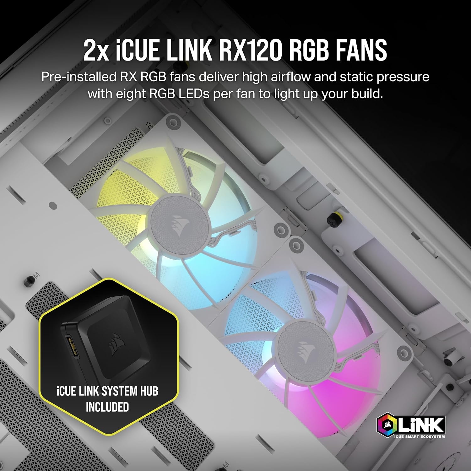 image:imageCORSAIR iCUE Link 2500X RGB Tempered Glass mATX MidTower Dual Chamber PC Case 2X CORSAIR RX120 RGB Fans Included Wide Cooling Flexibility Reverse Connection Motherboard Compatible WhiteWhite