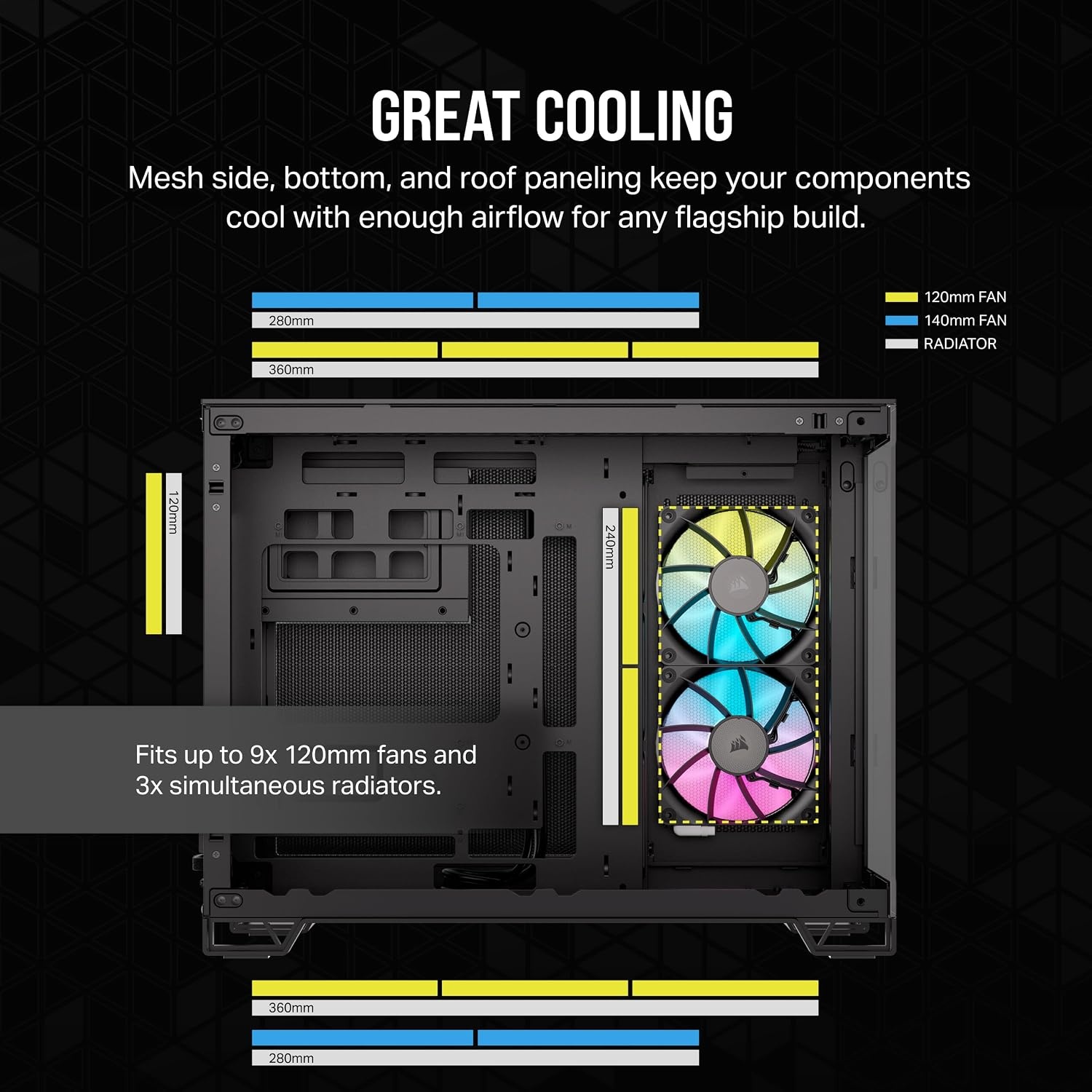 image:imageCORSAIR iCUE Link 2500X RGB Tempered Glass mATX MidTower Dual Chamber PC Case 2X CORSAIR RX120 RGB Fans Included Wide Cooling Flexibility Reverse Connection Motherboard Compatible WhiteBlack