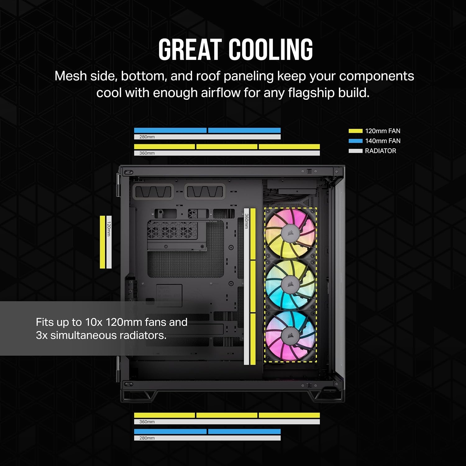 image:imageCORSAIR iCUE Link 2500X RGB Tempered Glass mATX MidTower Dual Chamber PC Case 2X CORSAIR RX120 RGB Fans Included Wide Cooling Flexibility Reverse Connection Motherboard Compatible WhiteBlack