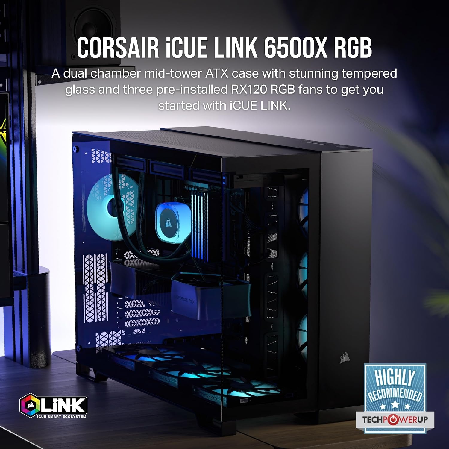 image:imageCORSAIR iCUE Link 2500X RGB Tempered Glass mATX MidTower Dual Chamber PC Case 2X CORSAIR RX120 RGB Fans Included Wide Cooling Flexibility Reverse Connection Motherboard Compatible WhiteBlack