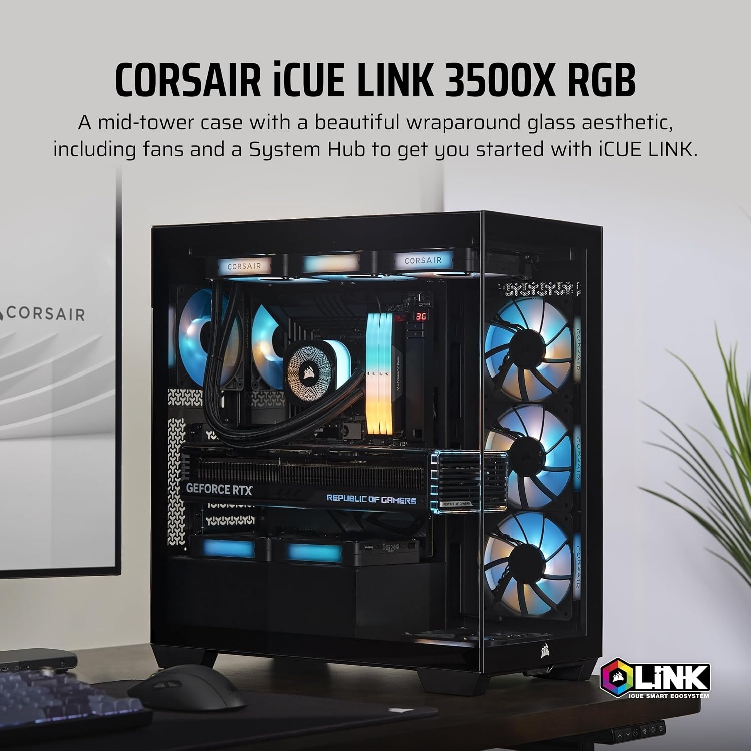 image:imageCORSAIR iCUE Link 3500X RGB MidTower ATX PC Case Panoramic Tempered Glass Reverse Connection Motherboard Compatible 3X CORSAIR iCUE Link RX120 RGB Fans Included BlackBlack