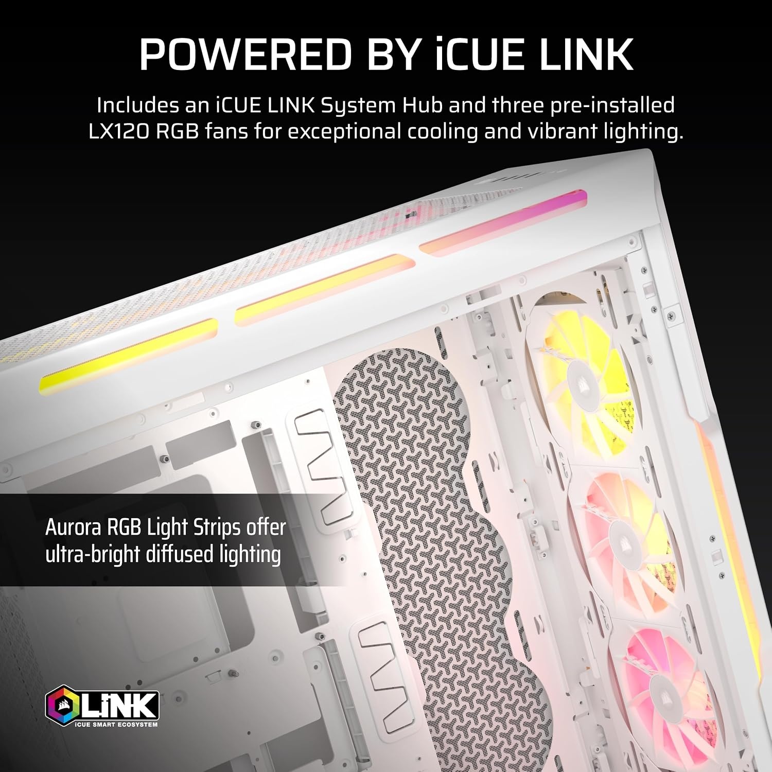 image:imageCORSAIR iCUE Link 5000T LX RGB MidTower ATX PC Case 3X PreInstalled LX120 RGB Fans Integrated Aurora RGB Light Strips Spacious Interior iCUE Link System Hub Included WhiteWhite