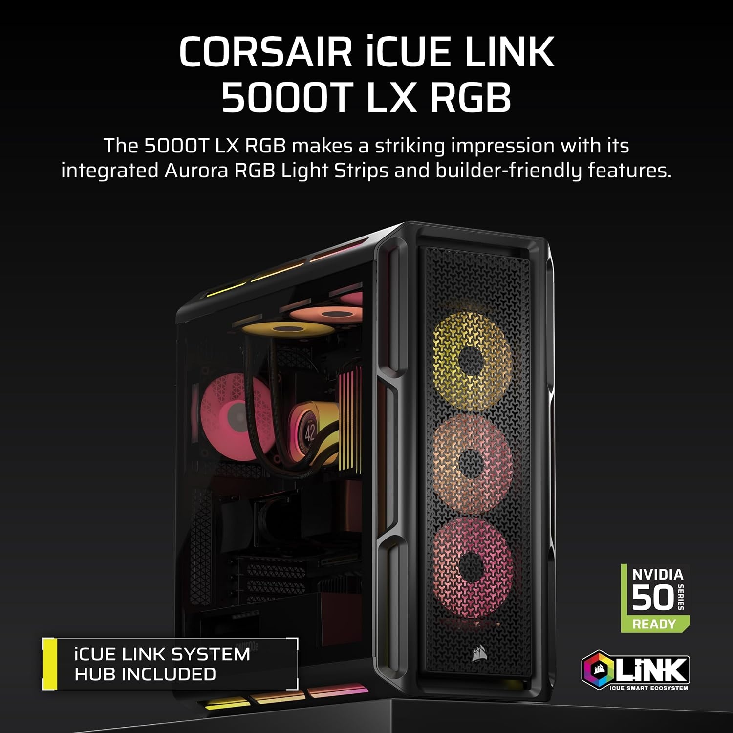 image:imageCORSAIR iCUE Link 5000T LX RGB MidTower ATX PC Case 3X PreInstalled LX120 RGB Fans Integrated Aurora RGB Light Strips Spacious Interior iCUE Link System Hub Included WhiteBlack