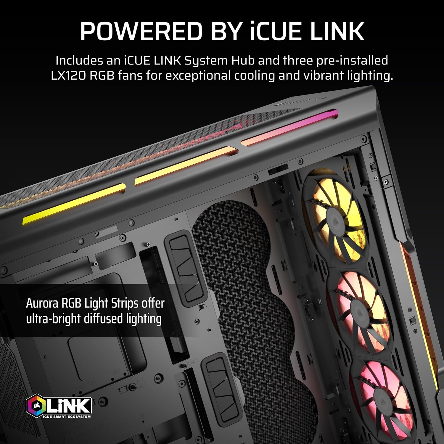 image:imageCORSAIR iCUE Link 5000T LX RGB MidTower ATX PC Case 3X PreInstalled LX120 RGB Fans Integrated Aurora RGB Light Strips Spacious Interior iCUE Link System Hub Included WhiteBlack