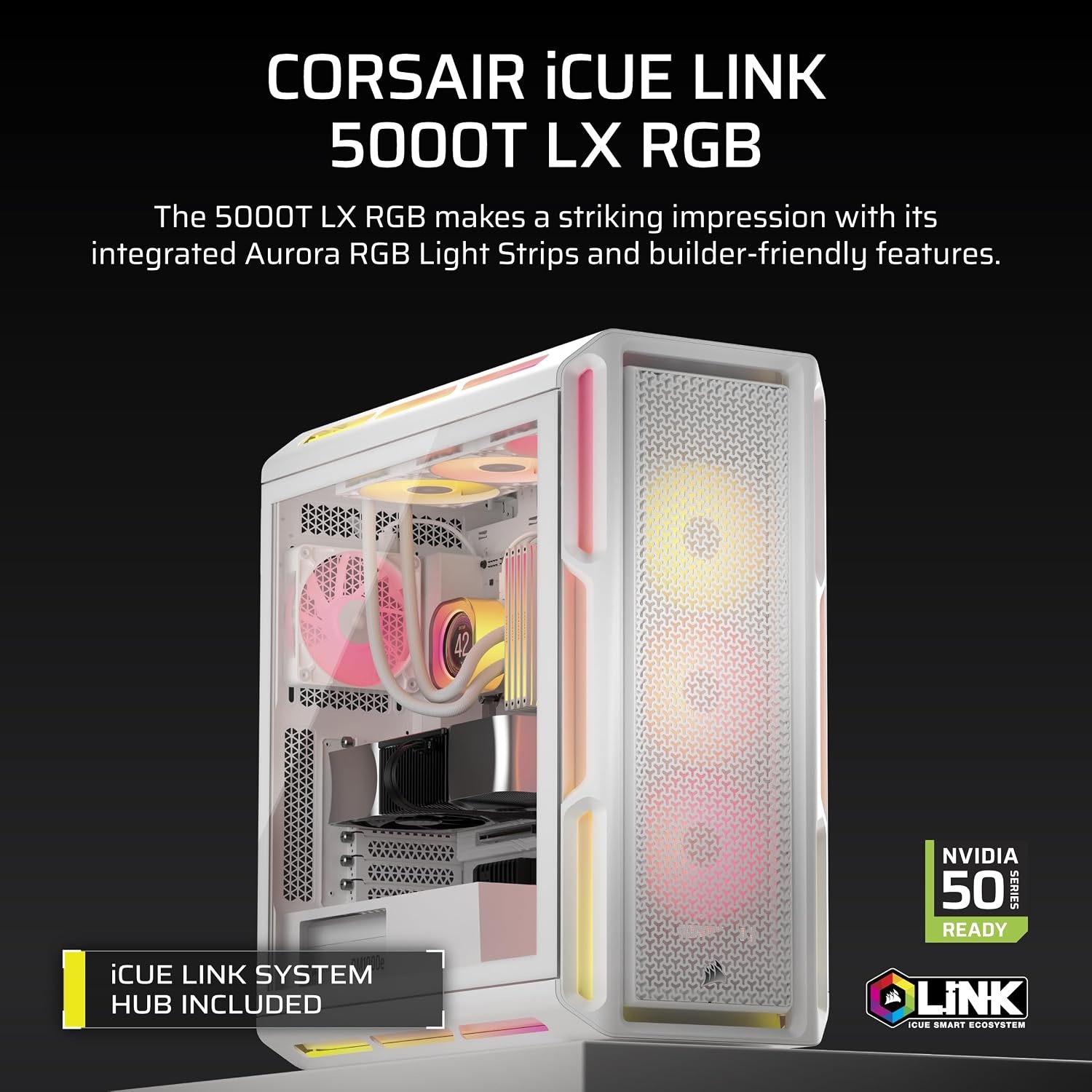image:imageCORSAIR iCUE Link 5000T LX RGB MidTower ATX PC Case 3X PreInstalled LX120 RGB Fans Integrated Aurora RGB Light Strips Spacious Interior iCUE Link System Hub Included WhiteWhite