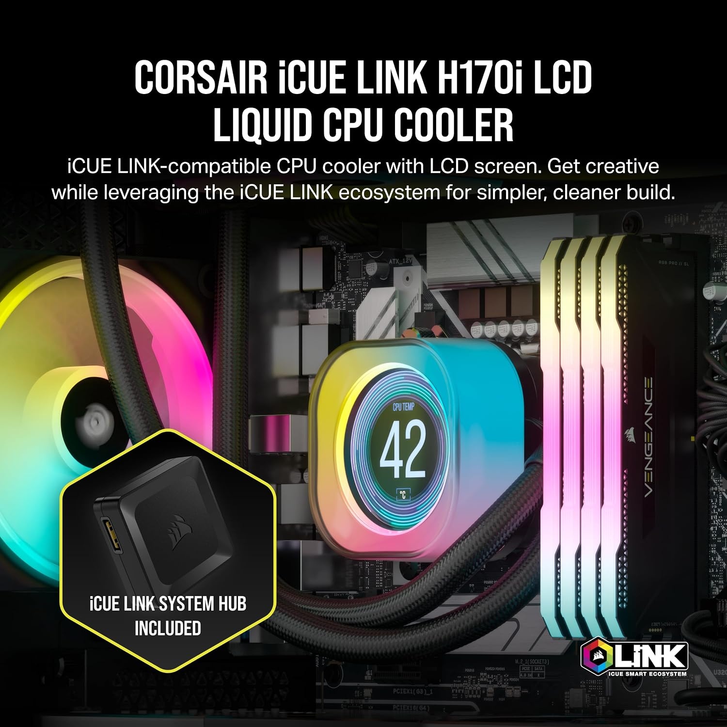 image:imageCORSAIR iCUE Link H150i LCD Liquid CPU Cooler 360mm AIO QX120 RGB Fans 21 IPS LCD Screen Fits Intel LGA 1700 AMD AM5 iCUE Link System Hub Included BlackBlack
