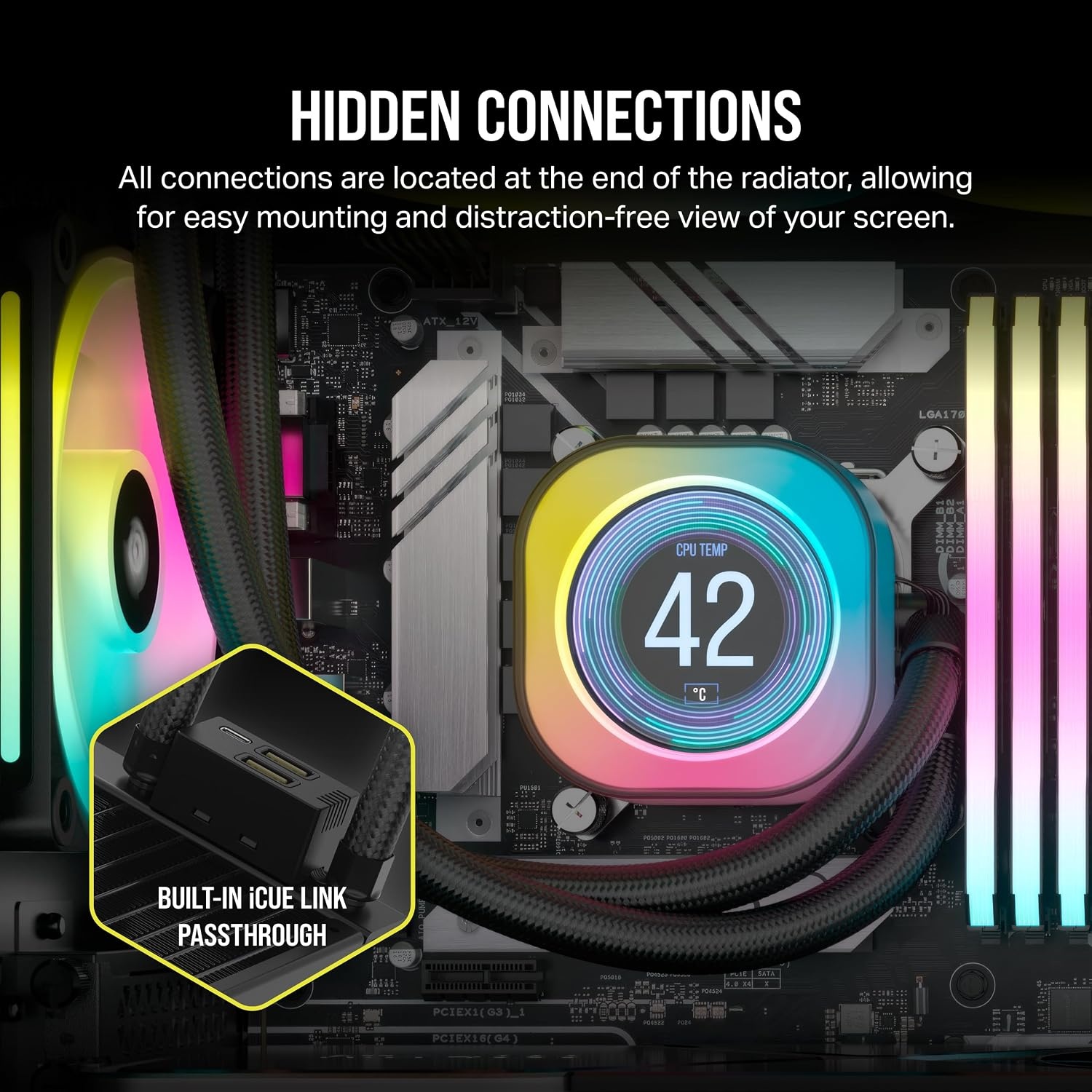 image:imageCORSAIR iCUE Link H150i LCD Liquid CPU Cooler 360mm AIO QX120 RGB Fans 21 IPS LCD Screen Fits Intel LGA 1700 AMD AM5 iCUE Link System Hub Included BlackBlack
