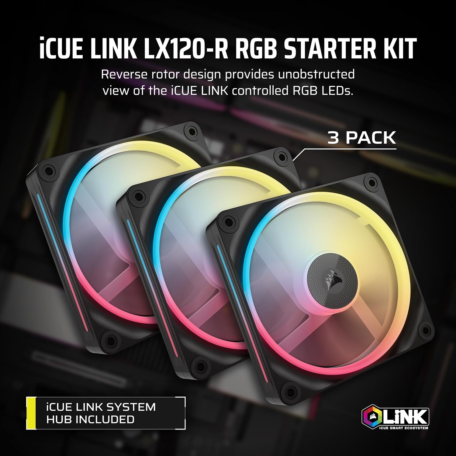 image:imageCORSAIR iCUE Link LX120R RGB 120mm PWM Reverse Fans Triple Fan Kit LowNoise Magnetic Dome Bearing Dual Light Loops CORSAIR QuikTurn Screws Zero RPM Mode BlackBlack