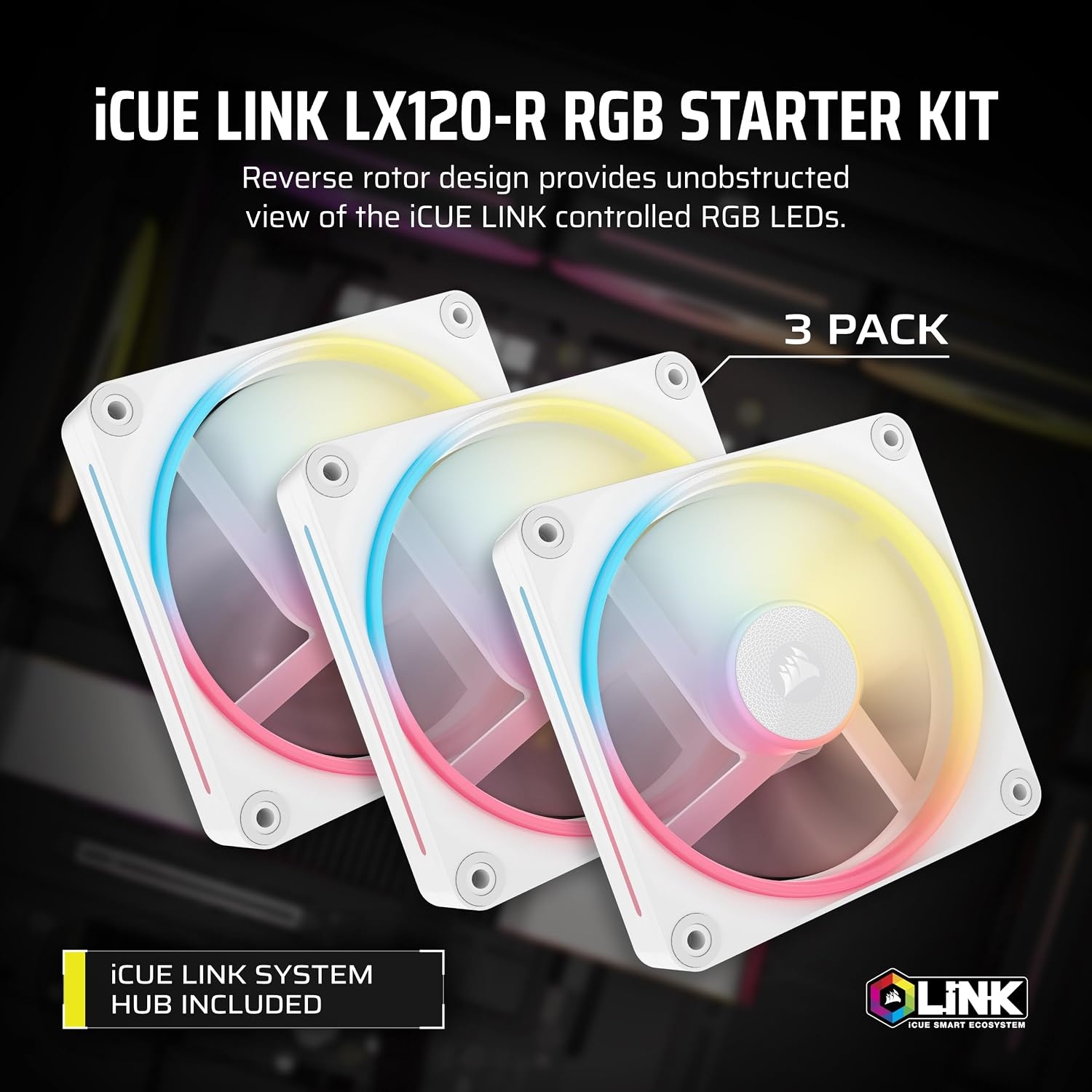 image:imageCORSAIR iCUE Link LX120R RGB 120mm PWM Reverse Fans Triple Fan Kit LowNoise Magnetic Dome Bearing Dual Light Loops CORSAIR QuikTurn Screws Zero RPM Mode BlackWhite