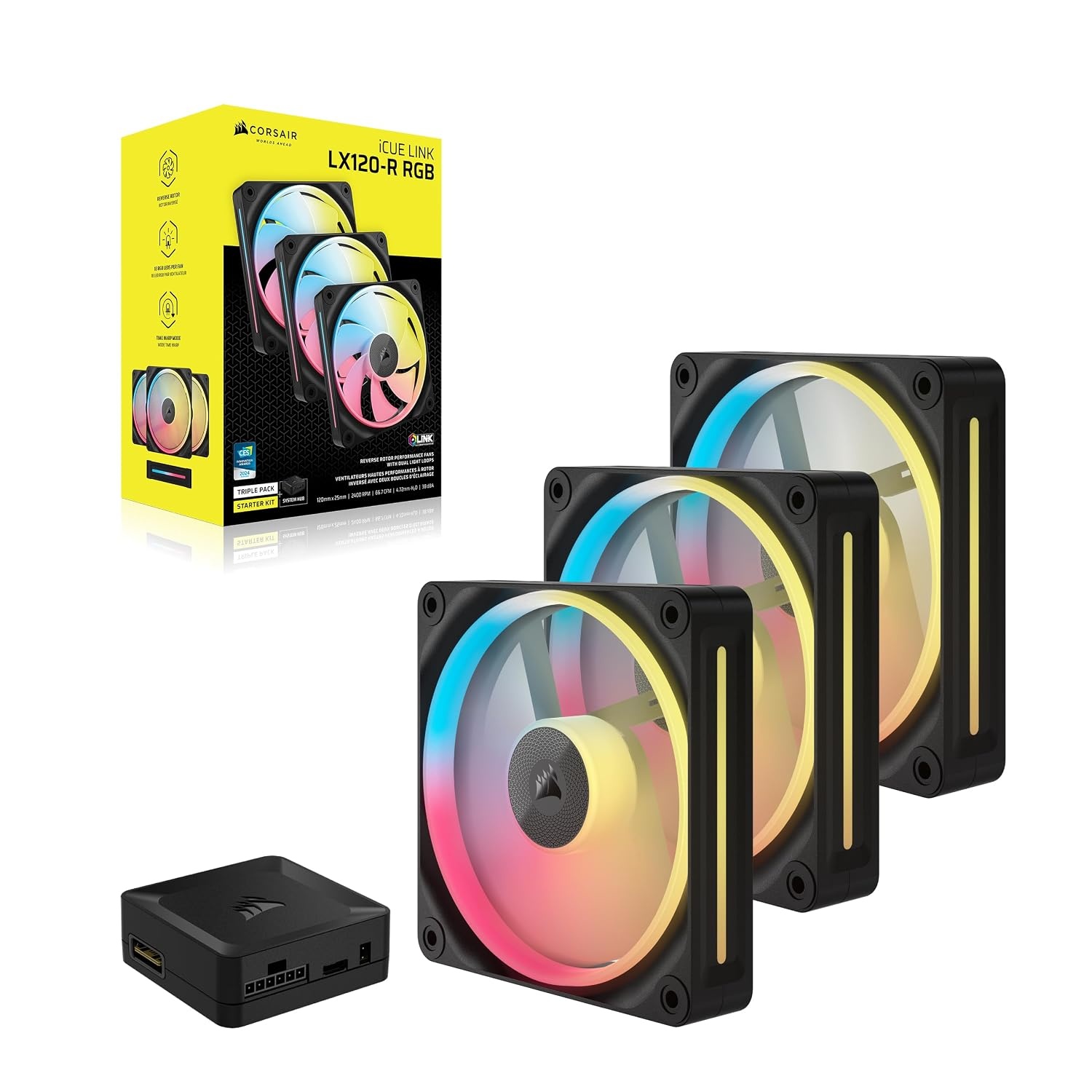image:imageCORSAIR iCUE Link LX120R RGB 120mm PWM Reverse Fans Triple Fan Kit LowNoise Magnetic Dome Bearing Dual Light Loops CORSAIR QuikTurn Screws Zero RPM Mode BlackBlack