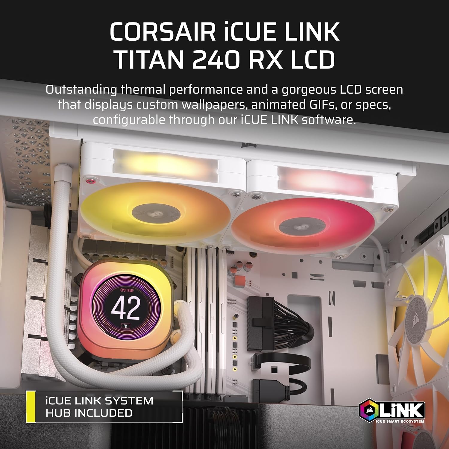 image:imageCORSAIR iCUE Link Titan 240 RX LCD Liquid CPU Cooler 240mm AIO LowNoise FlowDrive Cooling Engine Intel LGA 18511700 AMD AM5AM4 2X RX120 RGB Fans iCUE Link System Hub Included BlackWhite