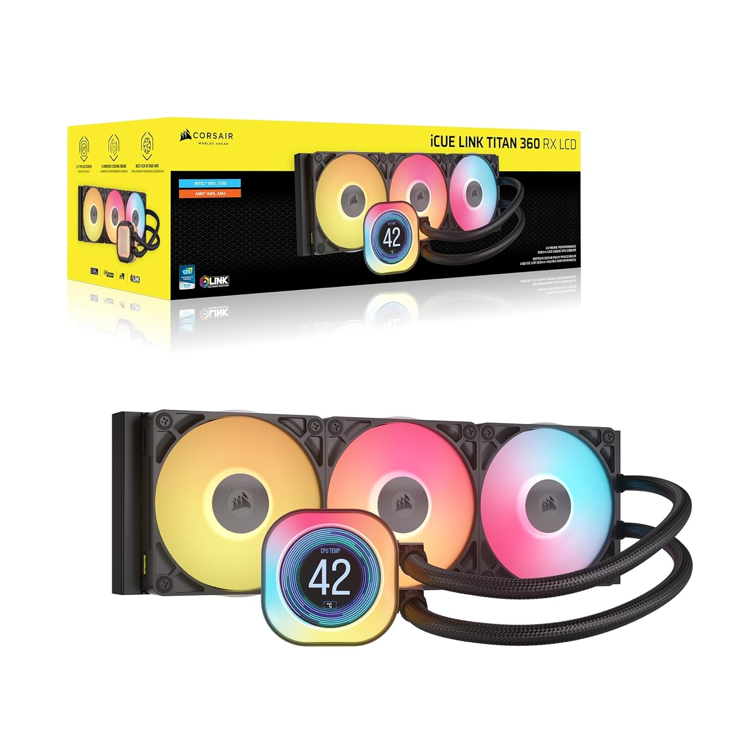 image:imageCORSAIR iCUE Link Titan 240 RX LCD Liquid CPU Cooler 240mm AIO LowNoise FlowDrive Cooling Engine Intel LGA 18511700 AMD AM5AM4 2X RX120 RGB Fans iCUE Link System Hub Included BlackBlack