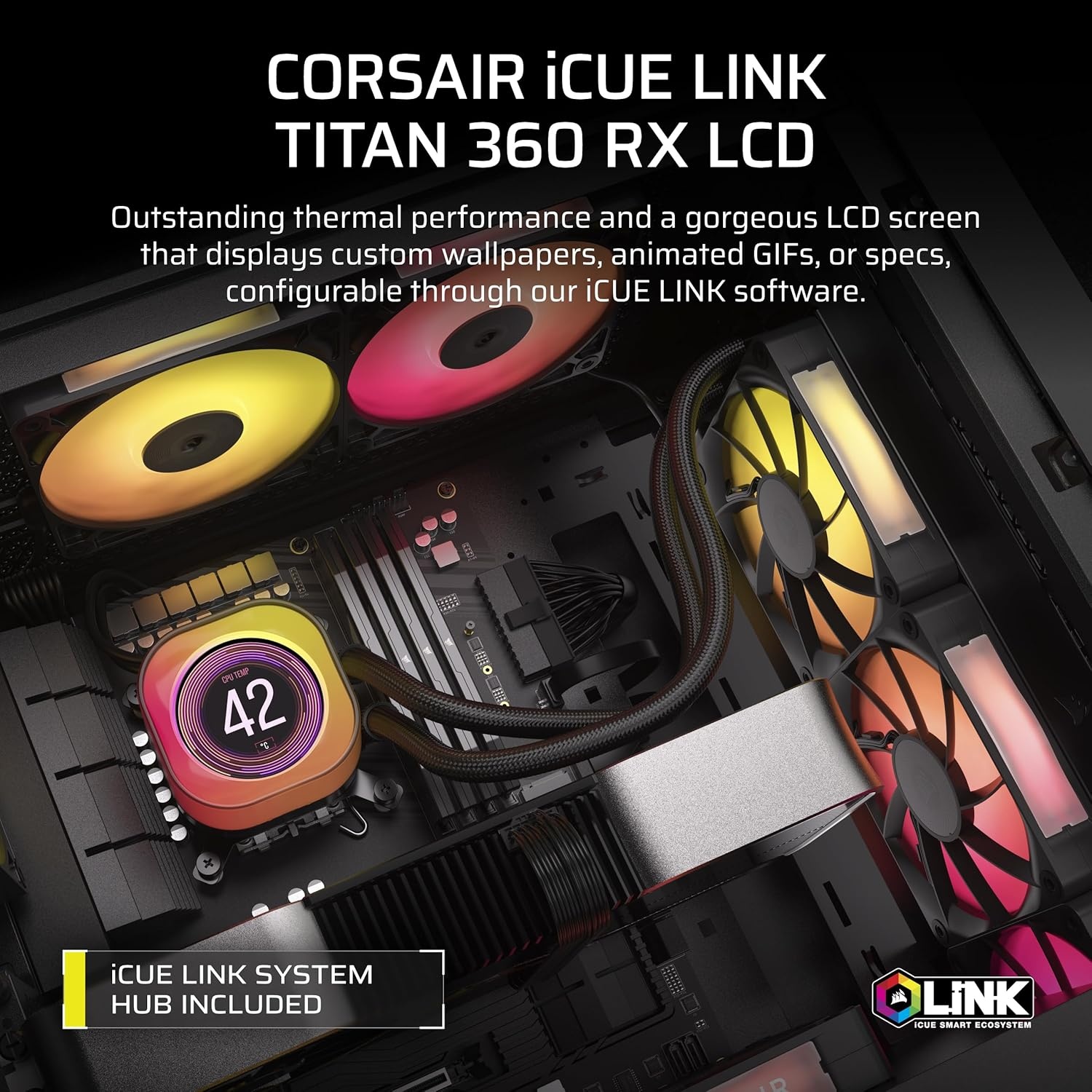 image:imageCORSAIR iCUE Link Titan 240 RX LCD Liquid CPU Cooler 240mm AIO LowNoise FlowDrive Cooling Engine Intel LGA 18511700 AMD AM5AM4 2X RX120 RGB Fans iCUE Link System Hub Included BlackBlack