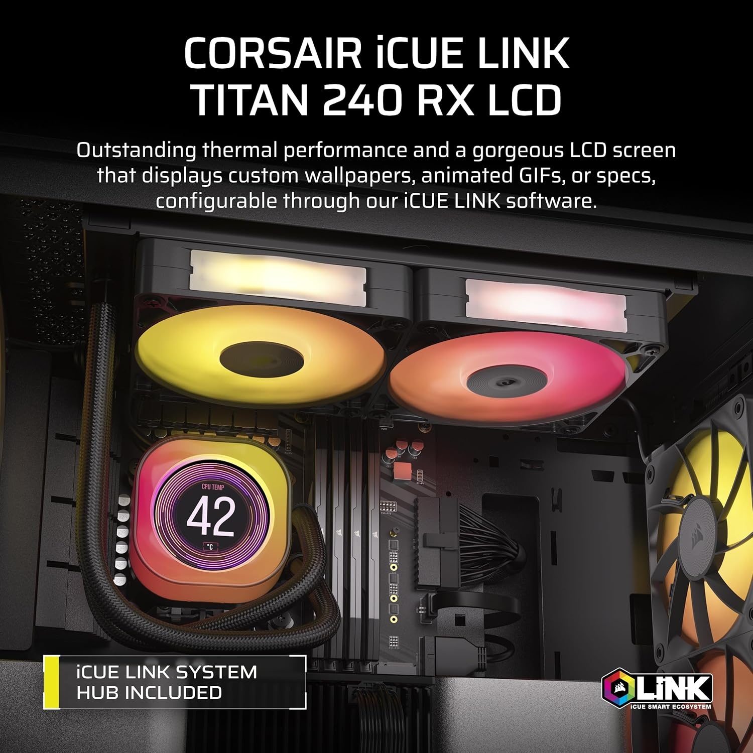 image:imageCORSAIR iCUE Link Titan 240 RX LCD Liquid CPU Cooler 240mm AIO LowNoise FlowDrive Cooling Engine Intel LGA 18511700 AMD AM5AM4 2X RX120 RGB Fans iCUE Link System Hub Included BlackBlack