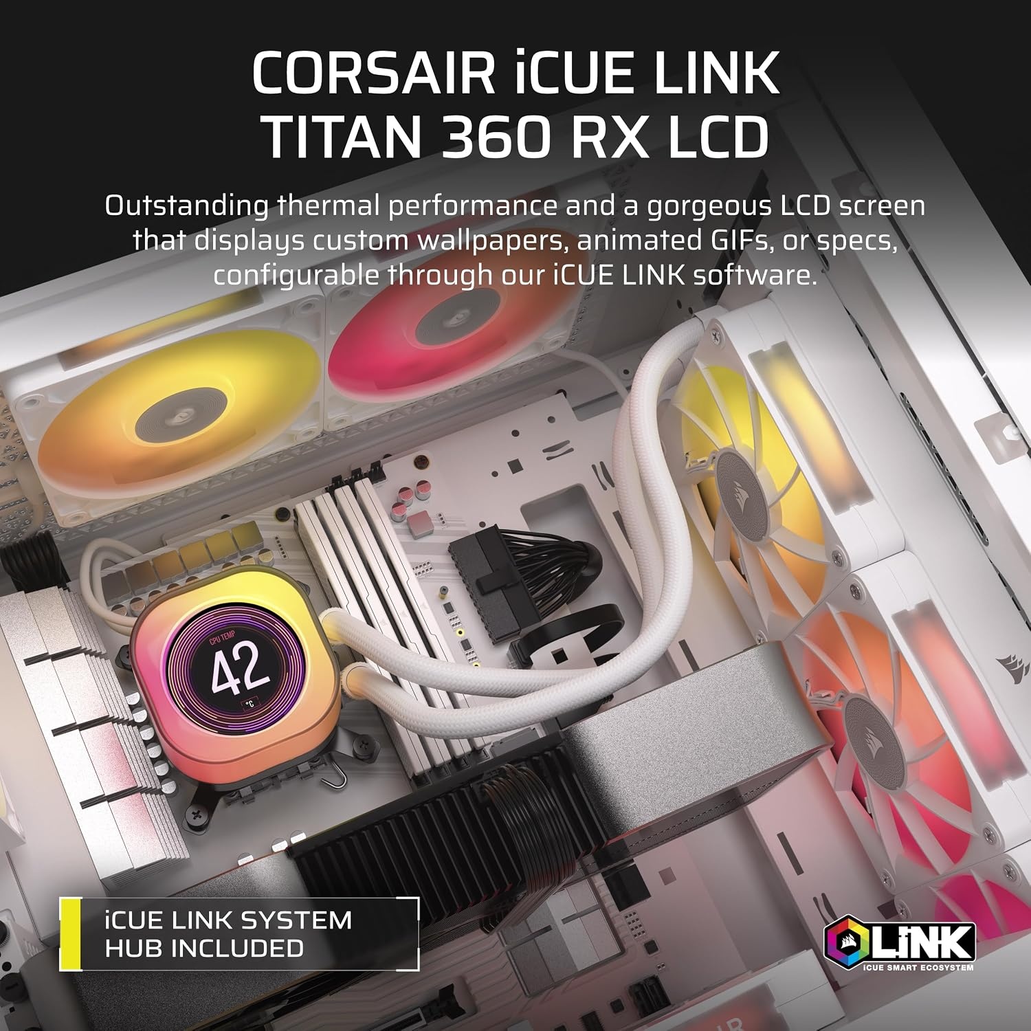 image:imageCORSAIR iCUE Link Titan 240 RX LCD Liquid CPU Cooler 240mm AIO LowNoise FlowDrive Cooling Engine Intel LGA 18511700 AMD AM5AM4 2X RX120 RGB Fans iCUE Link System Hub Included BlackWhite