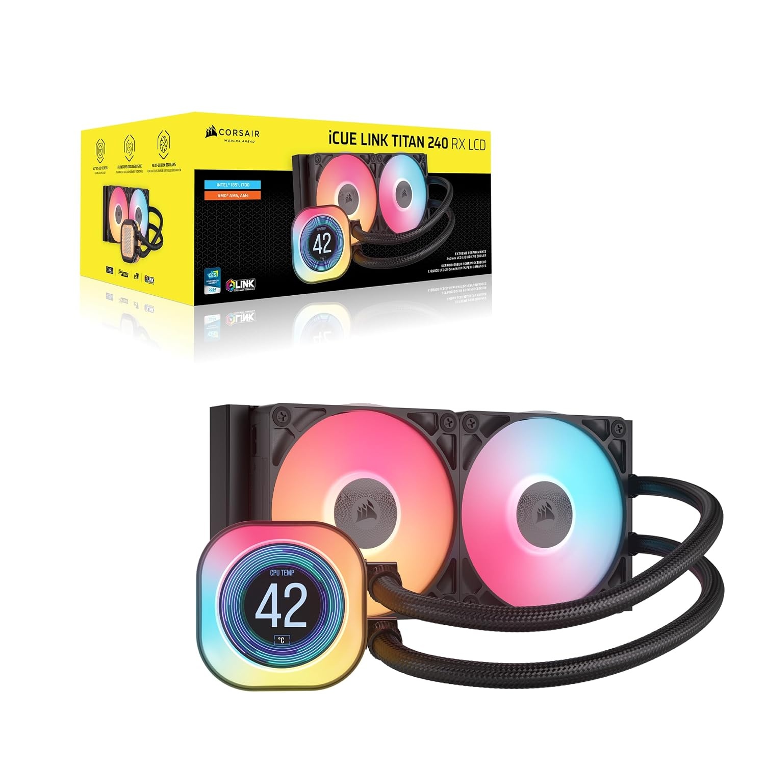 image:imageCORSAIR iCUE Link Titan 240 RX LCD Liquid CPU Cooler 240mm AIO LowNoise FlowDrive Cooling Engine Intel LGA 18511700 AMD AM5AM4 2X RX120 RGB Fans iCUE Link System Hub Included BlackBlack