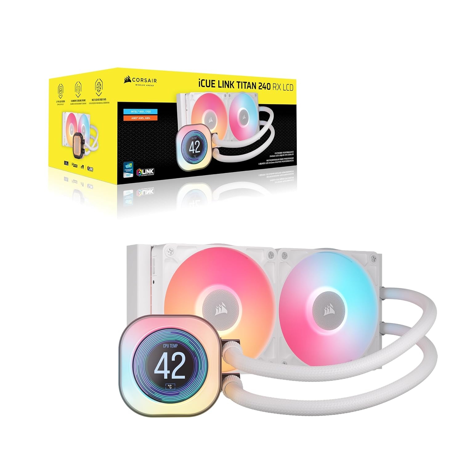 image:imageCORSAIR iCUE Link Titan 240 RX LCD Liquid CPU Cooler 240mm AIO LowNoise FlowDrive Cooling Engine Intel LGA 18511700 AMD AM5AM4 2X RX120 RGB Fans iCUE Link System Hub Included BlackWhite