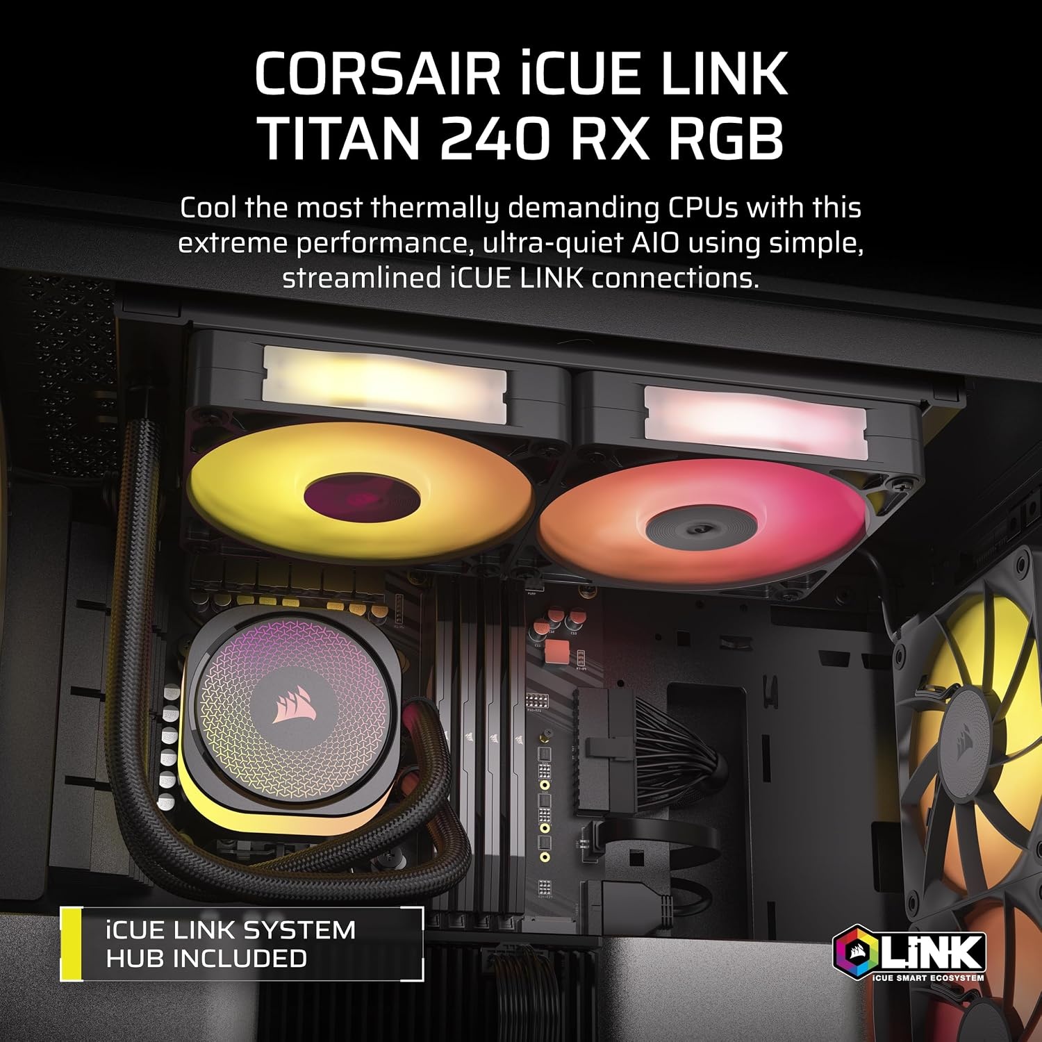 image:imageCORSAIR iCUE Link Titan 280 RX RGB Liquid CPU Cooler 280mm AIO LowNoise FlowDrive Cooling Engine Intel LGA 18511700 AMD AM5AM4 2X RX140 RGB Fans iCUE Link System Hub Included BlackBlack