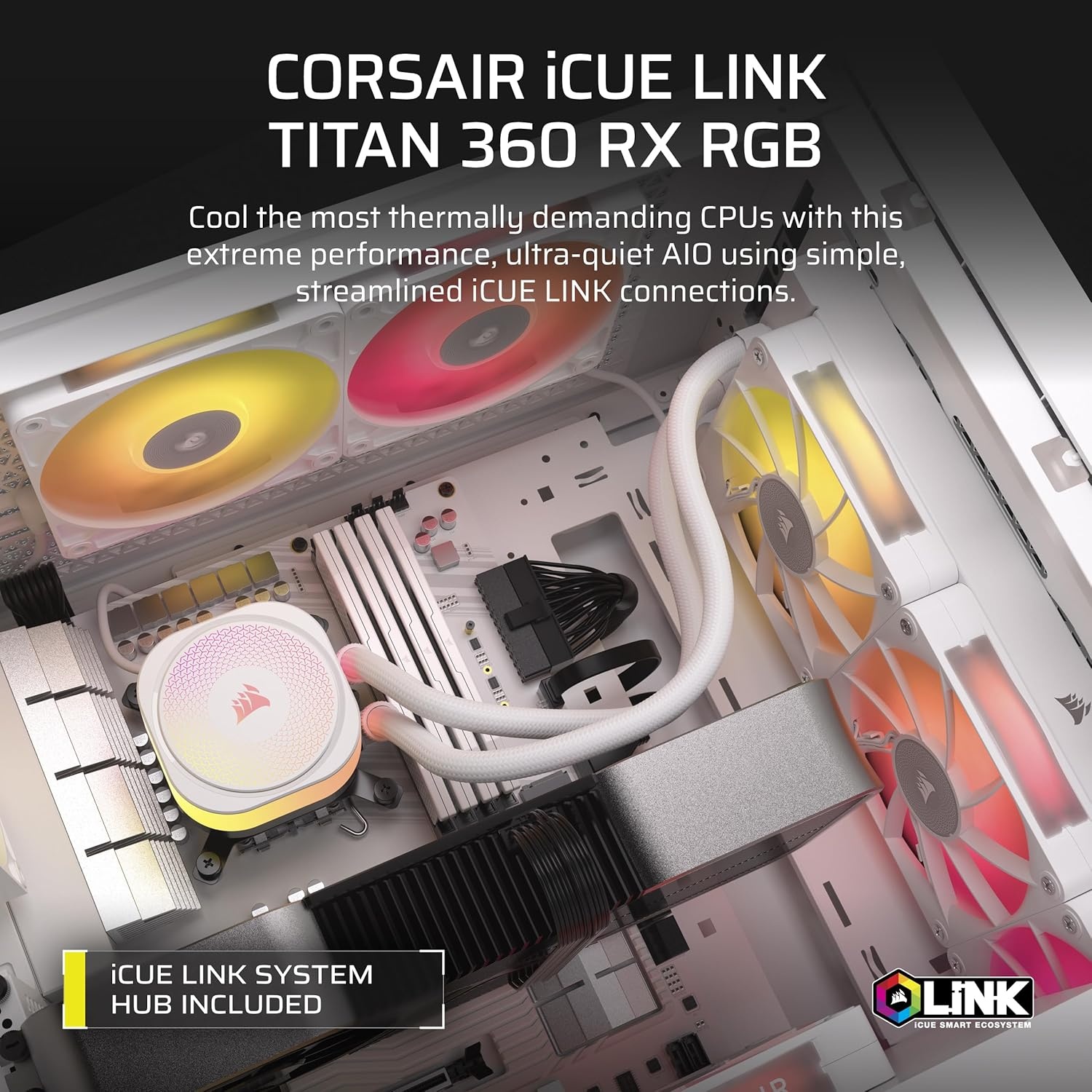image:imageCORSAIR iCUE Link Titan 280 RX RGB Liquid CPU Cooler 280mm AIO LowNoise FlowDrive Cooling Engine Intel LGA 18511700 AMD AM5AM4 2X RX140 RGB Fans iCUE Link System Hub Included BlackWhite