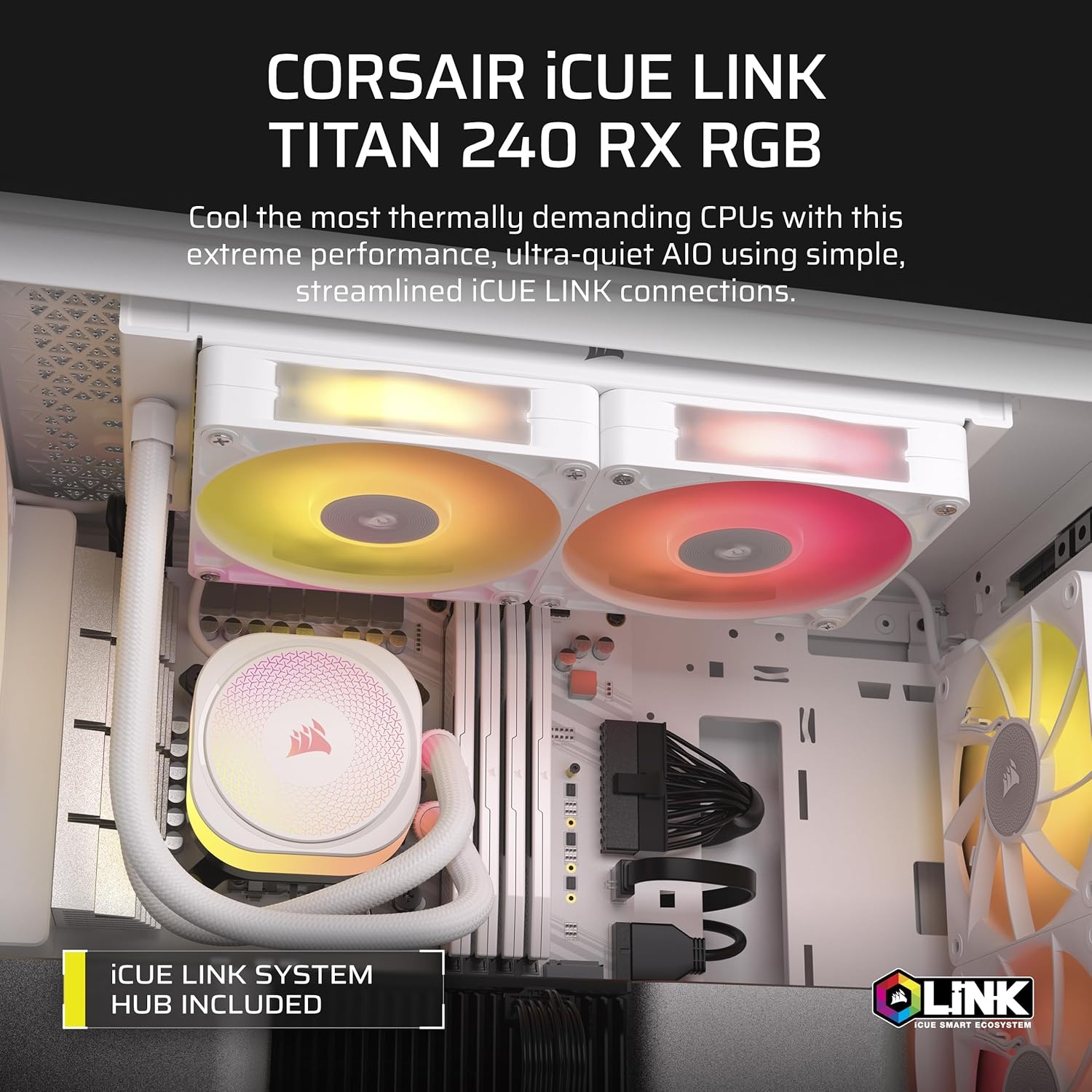 image:imageCORSAIR iCUE Link Titan 280 RX RGB Liquid CPU Cooler 280mm AIO LowNoise FlowDrive Cooling Engine Intel LGA 18511700 AMD AM5AM4 2X RX140 RGB Fans iCUE Link System Hub Included BlackWhite
