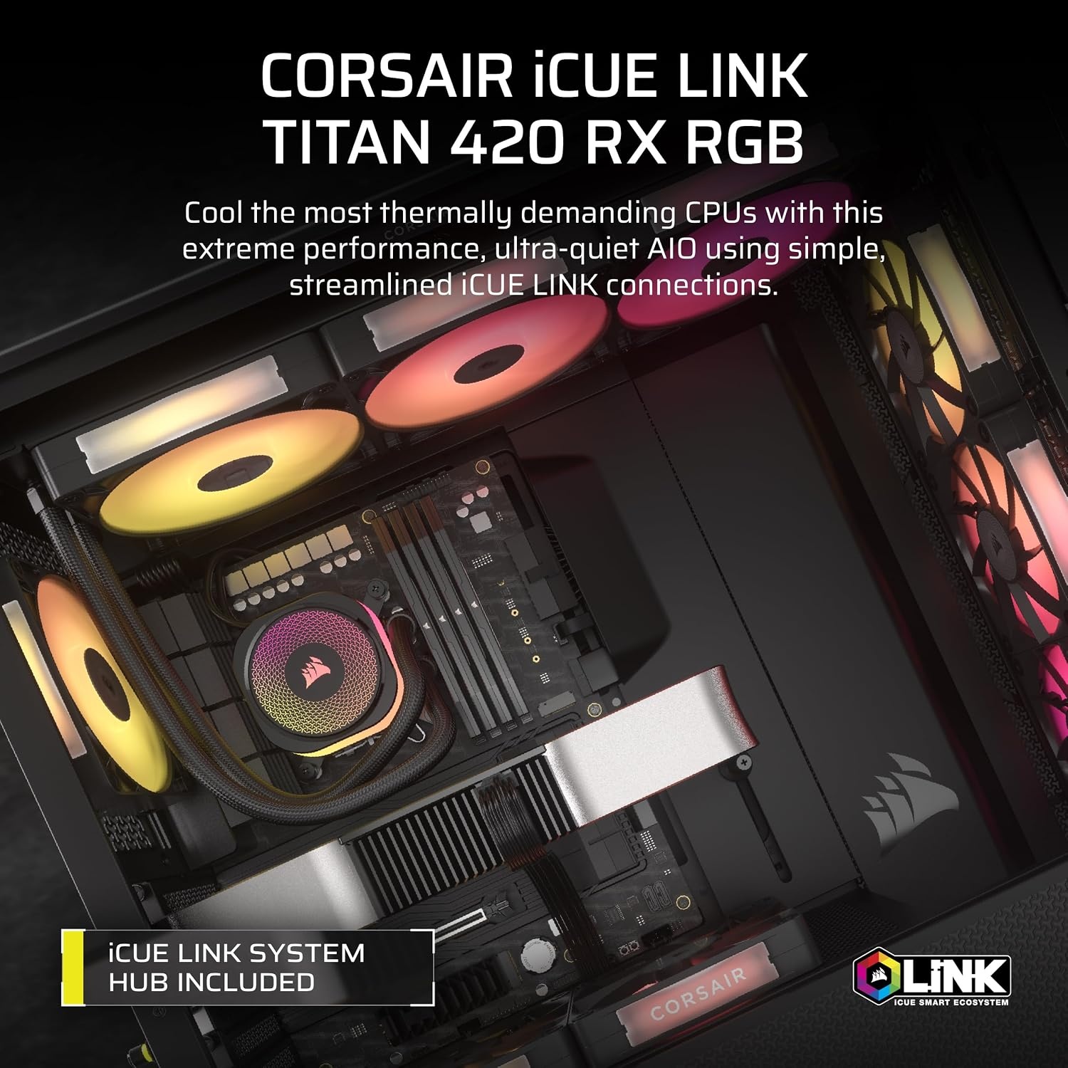 image:imageCORSAIR iCUE Link Titan 280 RX RGB Liquid CPU Cooler 280mm AIO LowNoise FlowDrive Cooling Engine Intel LGA 18511700 AMD AM5AM4 2X RX140 RGB Fans iCUE Link System Hub Included BlackBlack