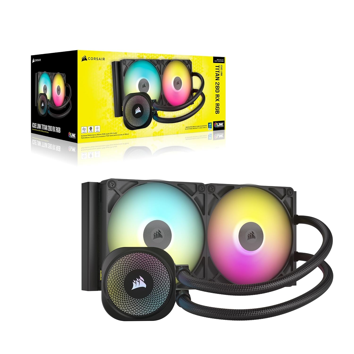 image:imageCORSAIR iCUE Link Titan 280 RX RGB Liquid CPU Cooler 280mm AIO LowNoise FlowDrive Cooling Engine Intel LGA 18511700 AMD AM5AM4 2X RX140 RGB Fans iCUE Link System Hub Included BlackBlack