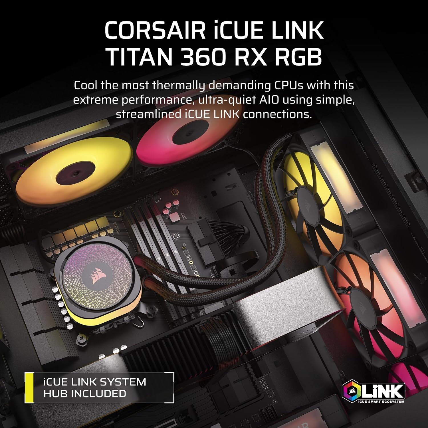 image:imageCORSAIR iCUE Link Titan 280 RX RGB Liquid CPU Cooler 280mm AIO LowNoise FlowDrive Cooling Engine Intel LGA 18511700 AMD AM5AM4 2X RX140 RGB Fans iCUE Link System Hub Included BlackBlack