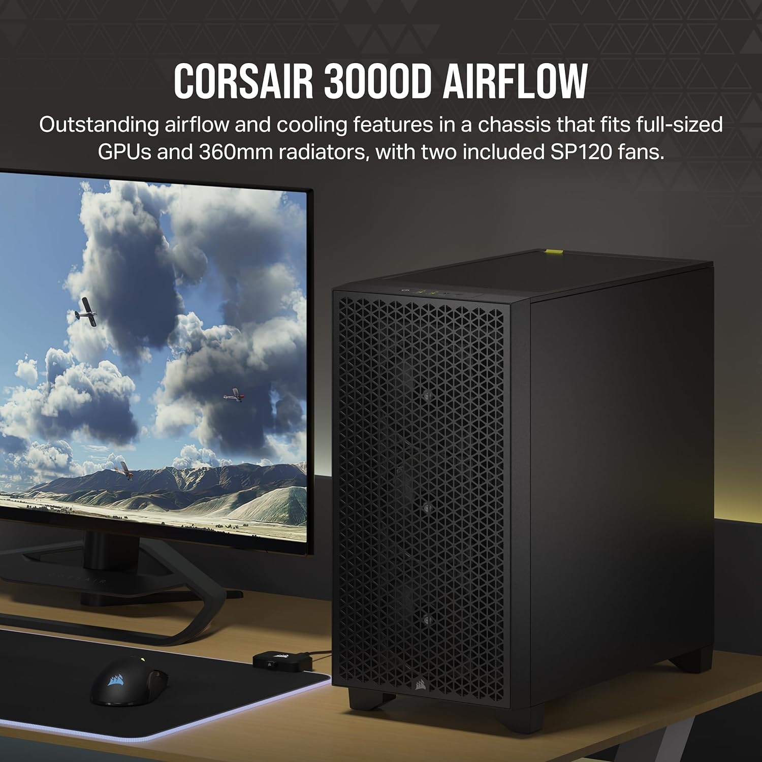 image:imageCorsair 3000D Airflow MidTower PC Case 3Pin Fans FourSlot GPU Support Fits up to 8X 120mm Fans HighAirflow Design WhiteBlack