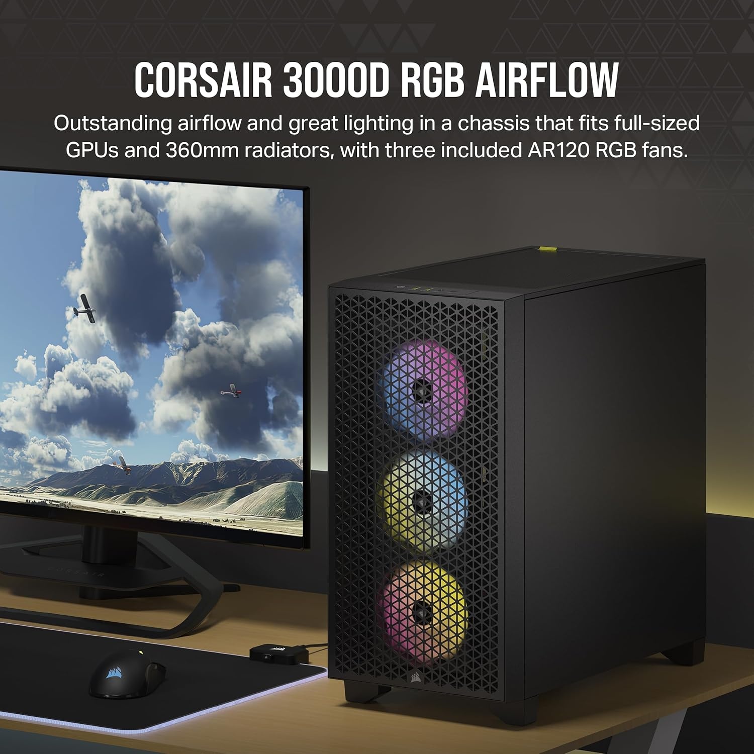 image:imageCorsair 3000D Airflow MidTower PC Case 3Pin Fans FourSlot GPU Support Fits up to 8X 120mm Fans HighAirflow Design WhiteBlack