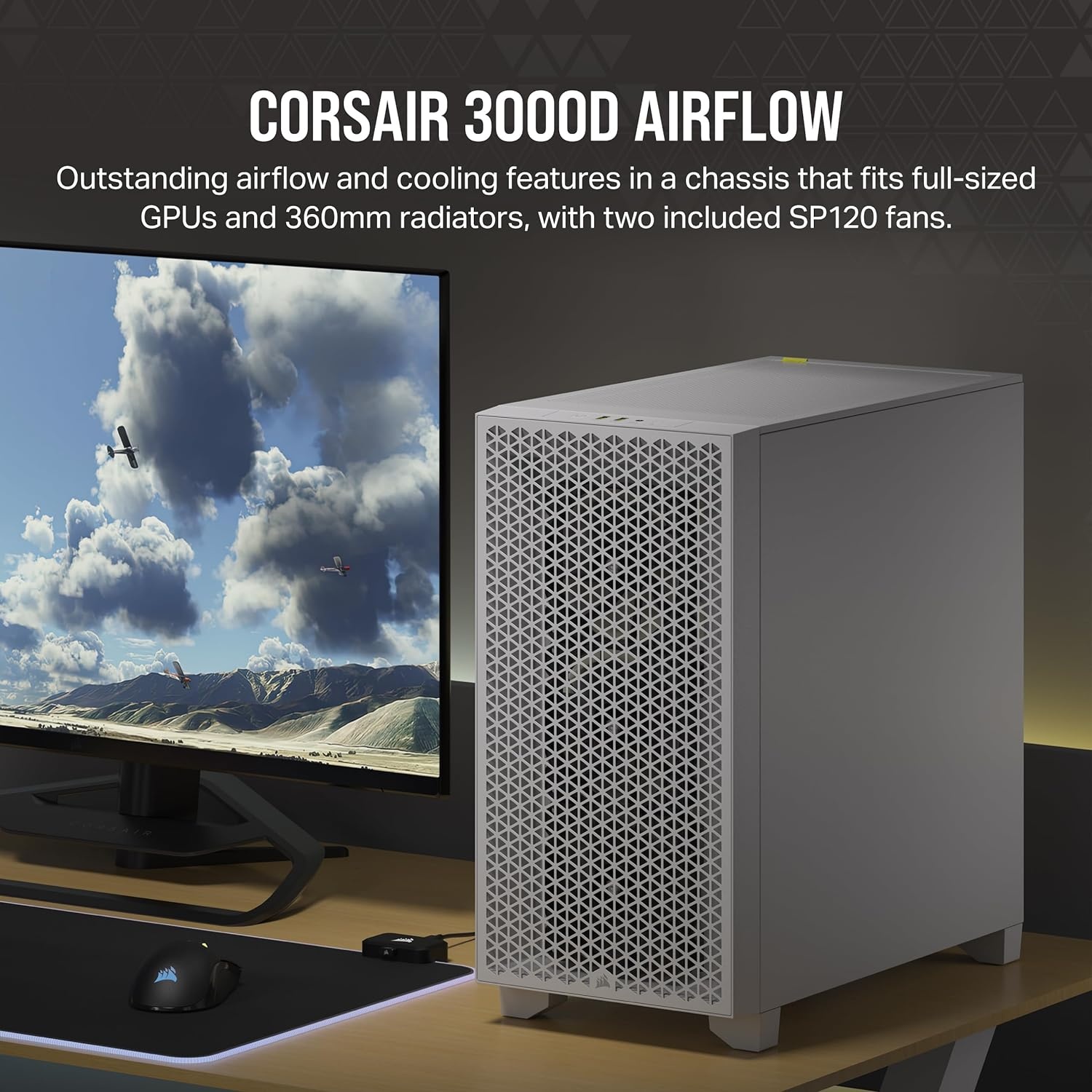 image:imageCorsair 3000D Airflow MidTower PC Case 3Pin Fans FourSlot GPU Support Fits up to 8X 120mm Fans HighAirflow Design WhiteWhite