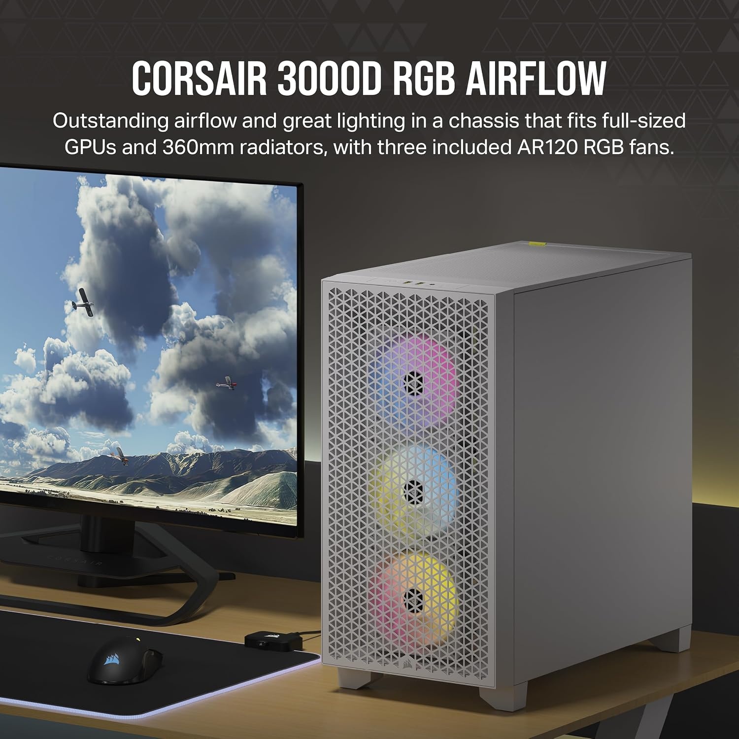 image:imageCorsair 3000D Airflow MidTower PC Case 3Pin Fans FourSlot GPU Support Fits up to 8X 120mm Fans HighAirflow Design WhiteWhite