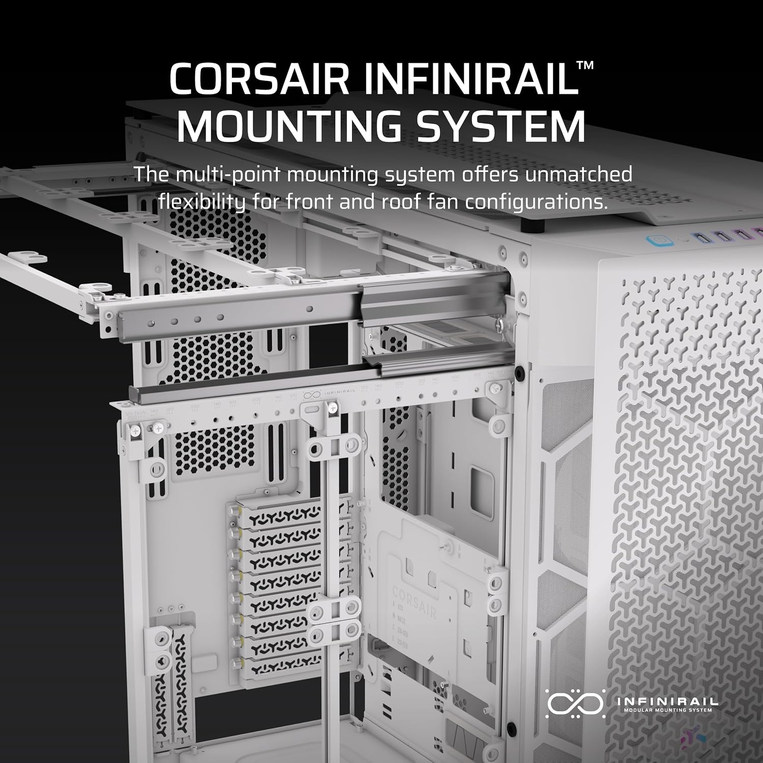 image:imageCorsair 9000D RGB Airflow Super FullTower PC Case Fits up to 18x 120mm 7X 140mm or 4X 200mm Fans InfiniRail Fan Mounting iCUE Link System Hub Included No Fans Included BlackWhite